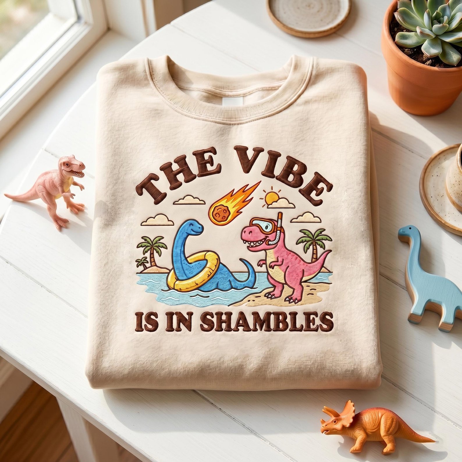 The Vibe Is In Shambles Embroidered Sweatshirt, Funny Dinosaur Sweatshirt, Cute Mental Health Gift 1