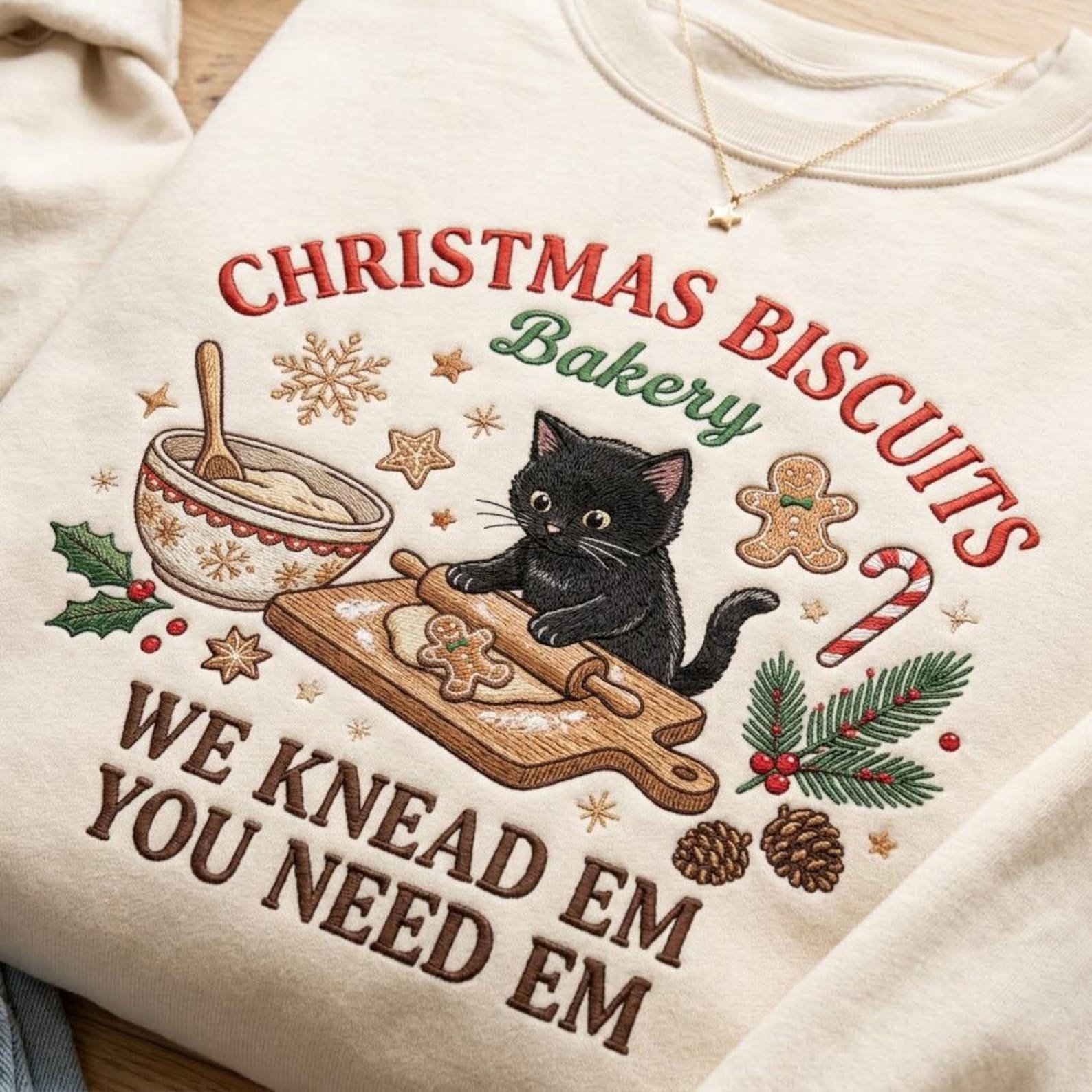 Black Cat Christmas Sweatshirt, Embroidered Christmas Biscuits Bakery Shirt, Funny Baking Cat Sweater, Holiday Baker Gift 2