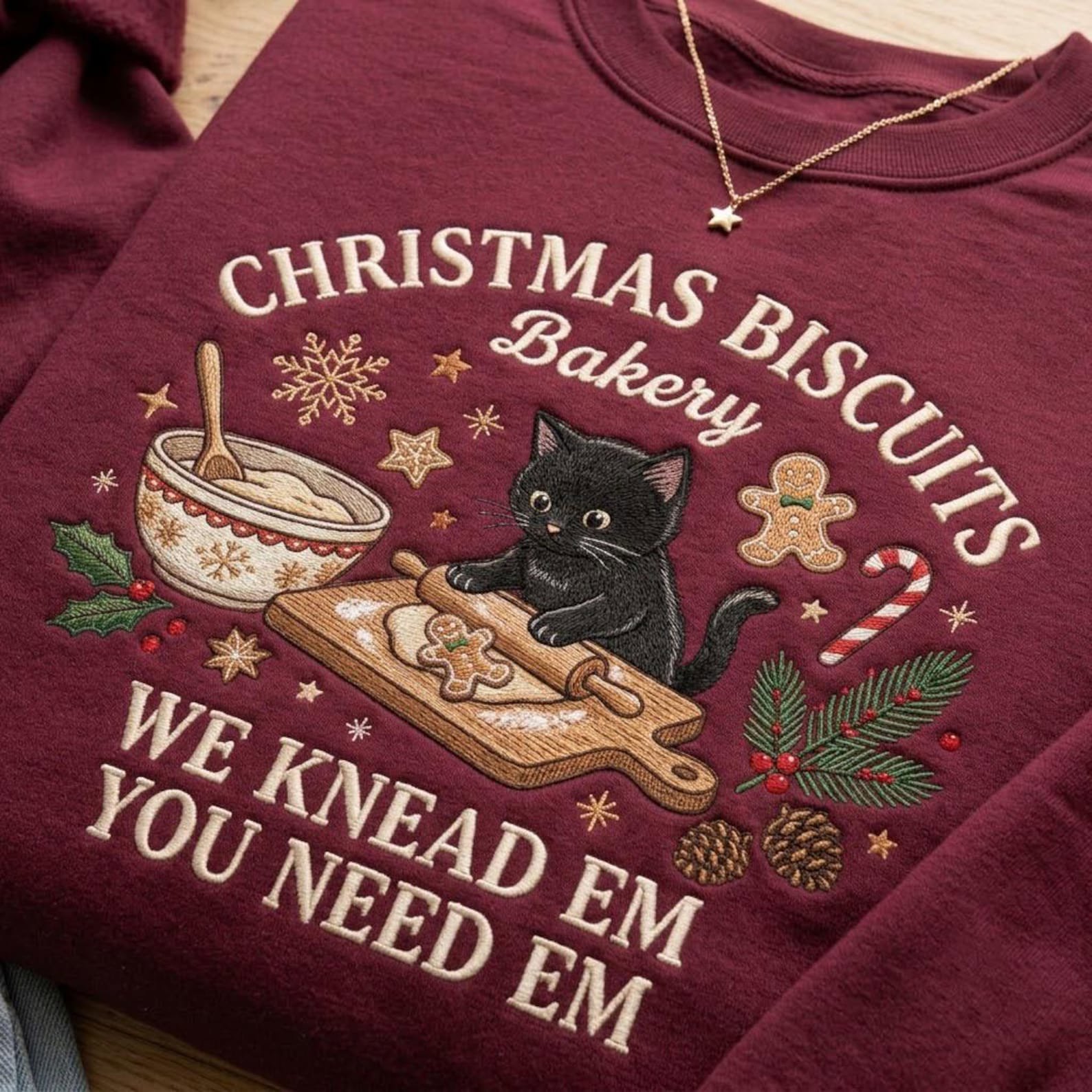 Black Cat Christmas Sweatshirt, Embroidered Christmas Biscuits Bakery Shirt, Funny Baking Cat Sweater, Holiday Baker Gift 1