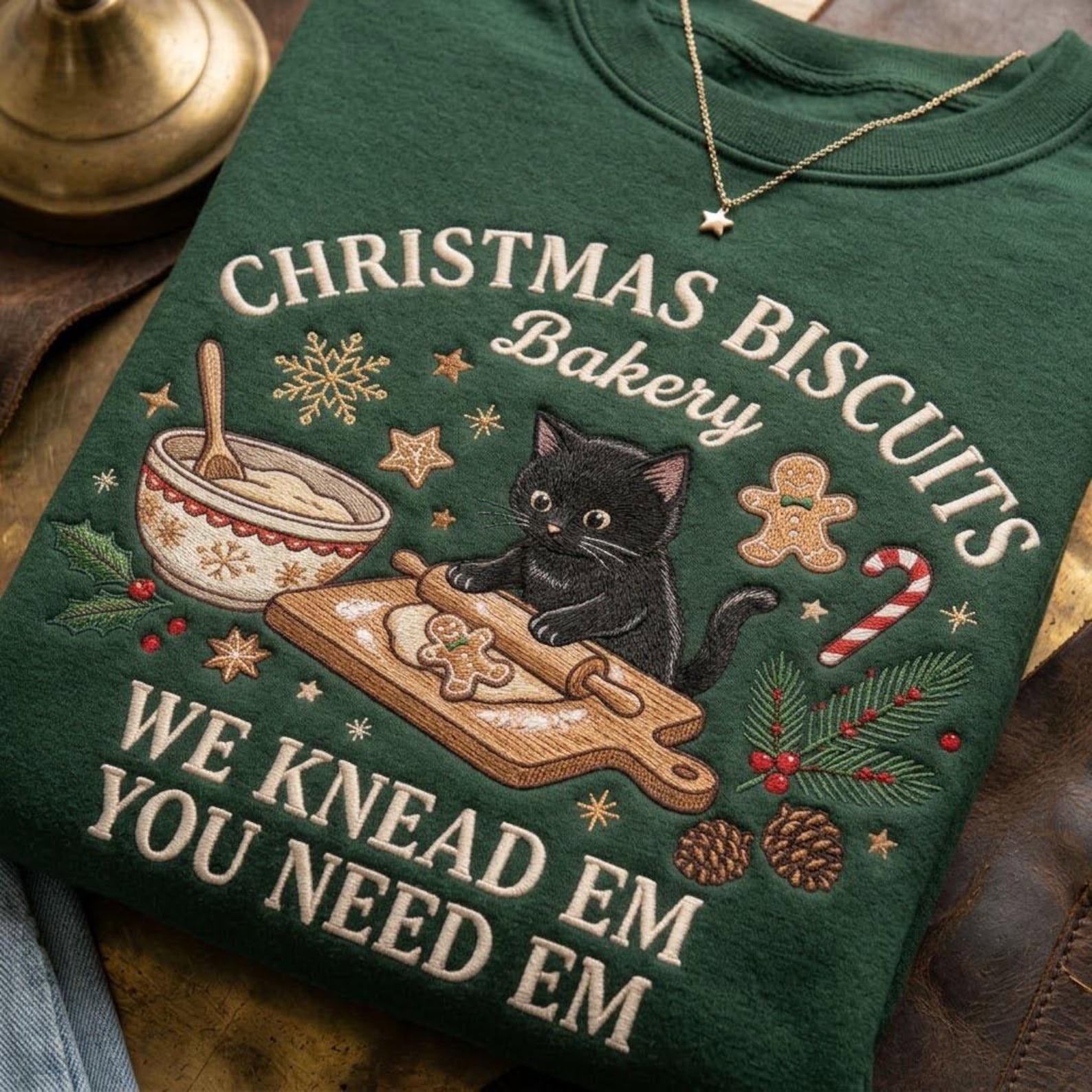 Black Cat Christmas Sweatshirt, Embroidered Christmas Biscuits Bakery Shirt, Funny Baking Cat Sweater, Holiday Baker Gift 3