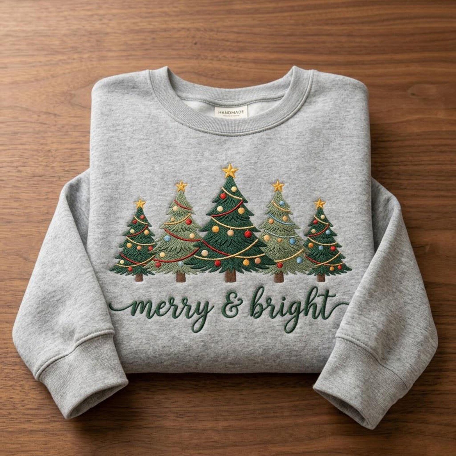 Merry and Bright Christmas Tree Embroidered Sweatshirt, Festive Holiday Crewneck, Classic Christmas Tree Sweater 1