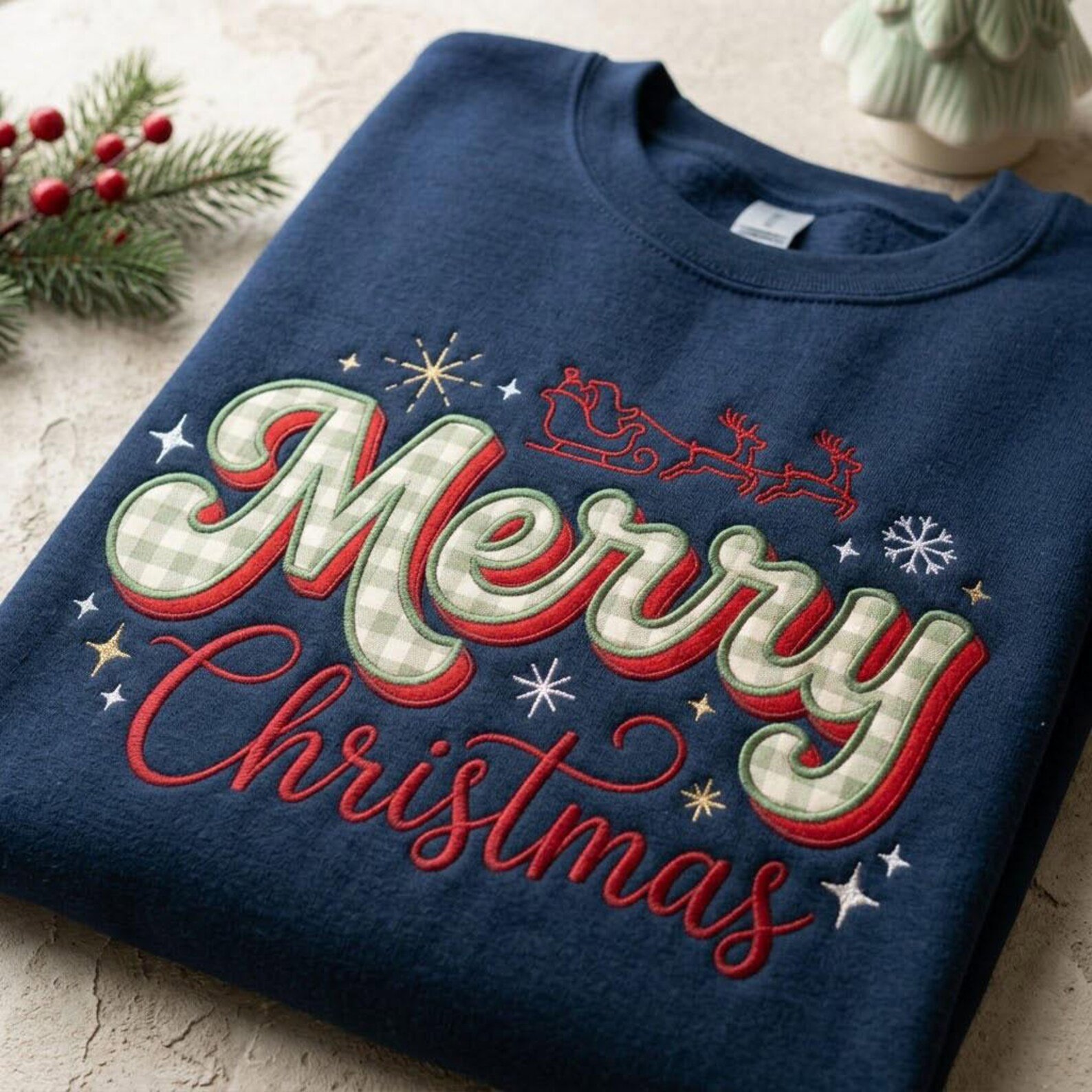Gingham Merry Christmas Applique Sweatshirt, Embroidered Holiday Crewneck, Santa Sleigh Christmas Sweater 1