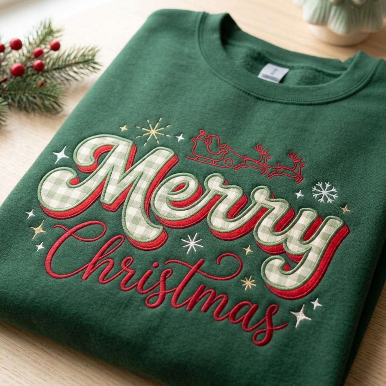 Gingham Merry Christmas Applique Sweatshirt, Embroidered Holiday Crewneck, Santa Sleigh Christmas Sweater 3
