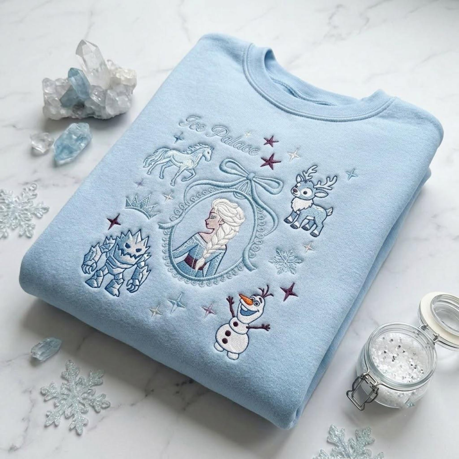 Frozen Inspired Embroidered Sweatshirt, Ice Palace Princess Crewneck, Snow Queen Reindeer Snowman Winter Holiday Gift 3