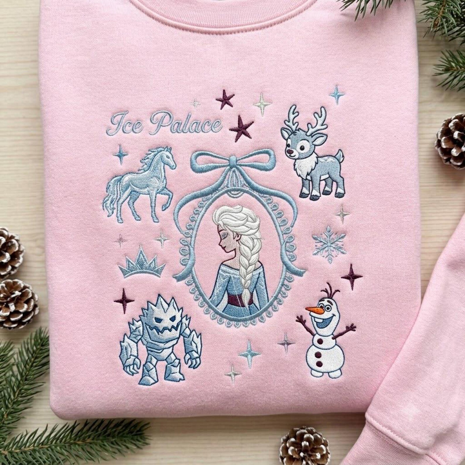 Frozen Inspired Embroidered Sweatshirt, Ice Palace Princess Crewneck, Snow Queen Reindeer Snowman Winter Holiday Gift 2