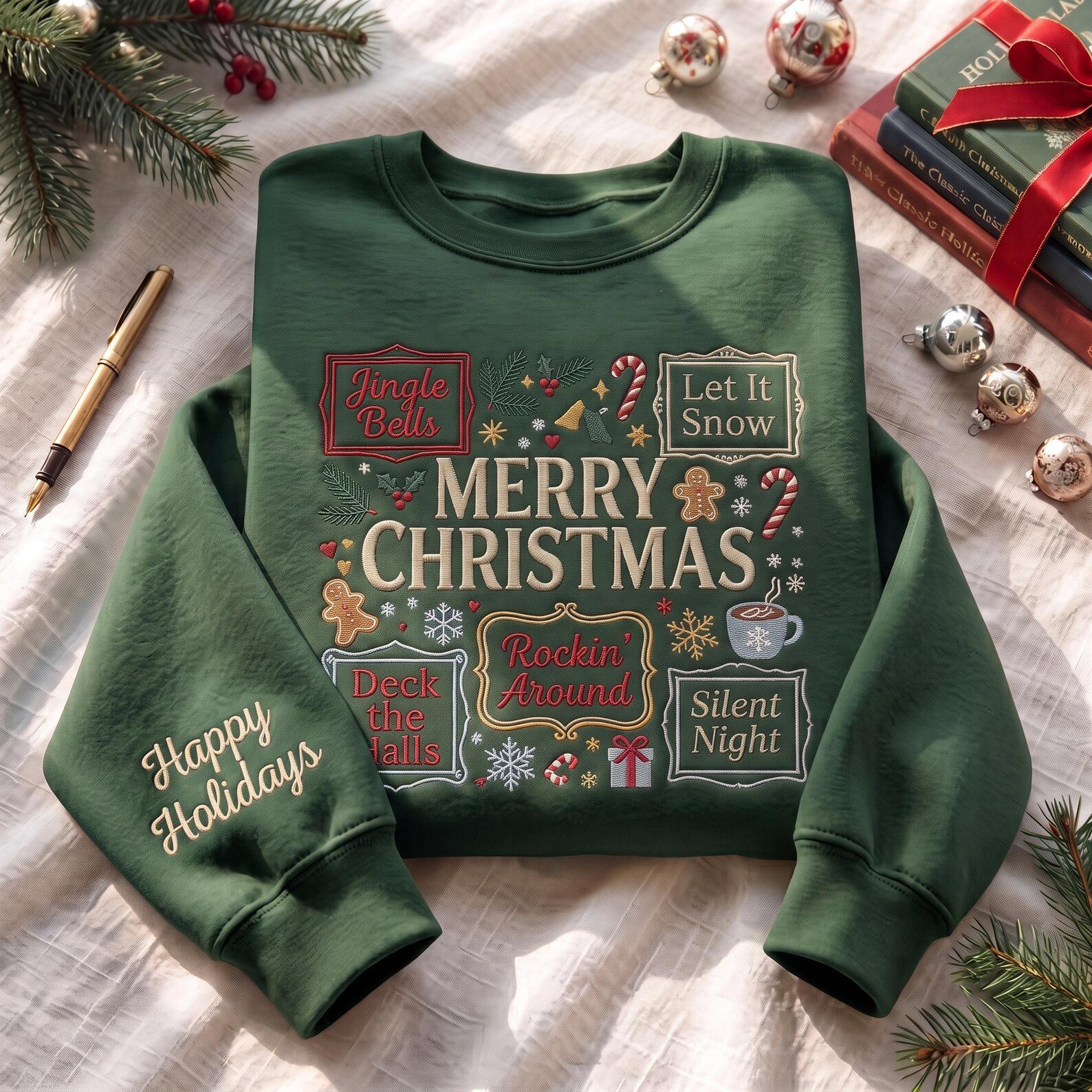 Christmas Songs Embroidered Sweatshirt, Merry Christmas Holiday Crewneck, Retro Festive Music Collage Sweater 1