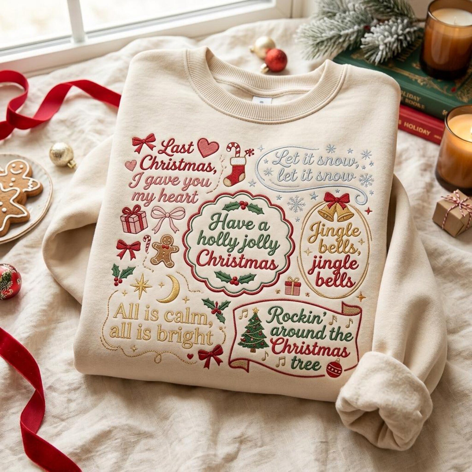 Holiday Song Lyrics Embroidered Sweatshirt, Christmas Music Collage Crewneck, Festive Retro Christmas Sweater Gift 3