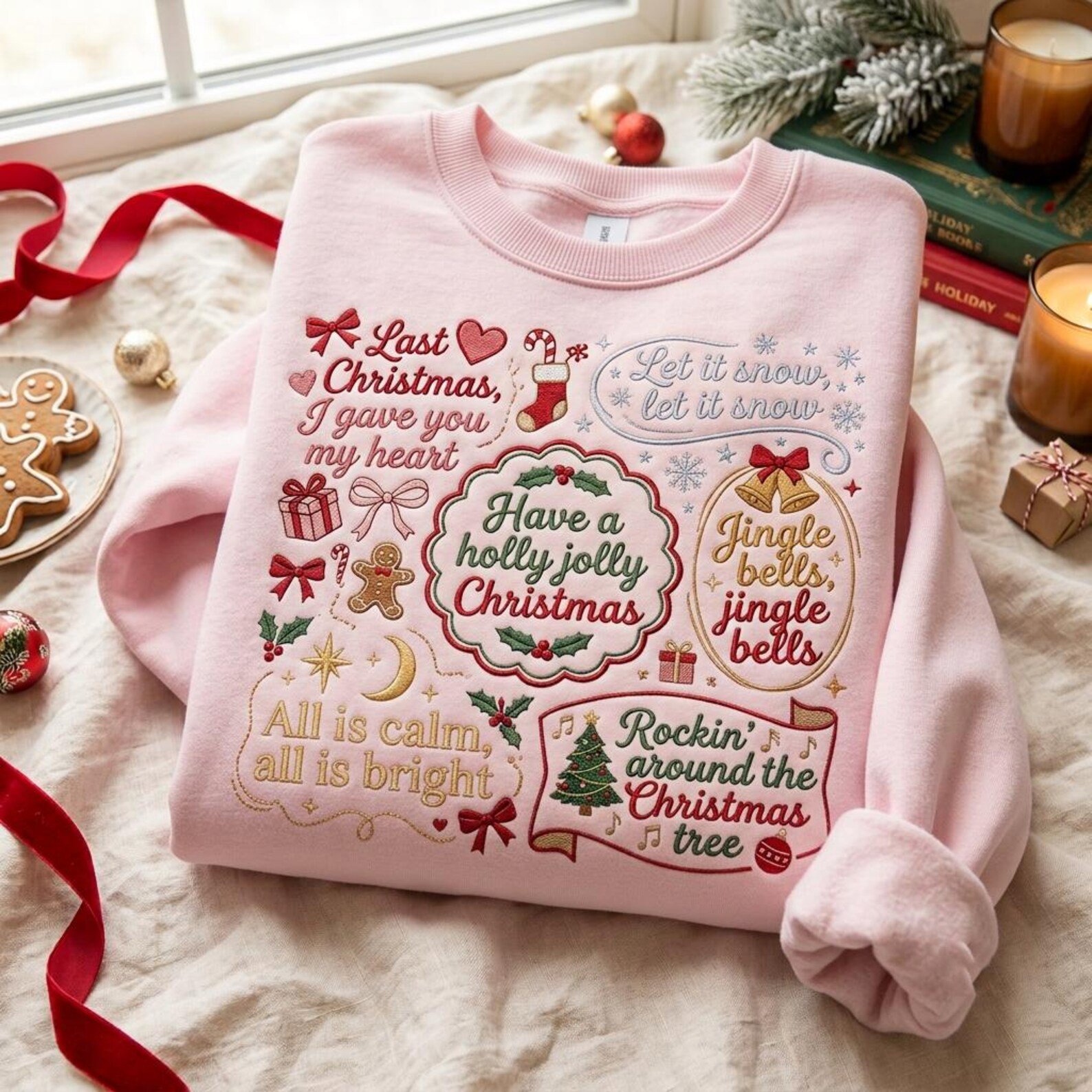 Holiday Song Lyrics Embroidered Sweatshirt, Christmas Music Collage Crewneck, Festive Retro Christmas Sweater Gift 1