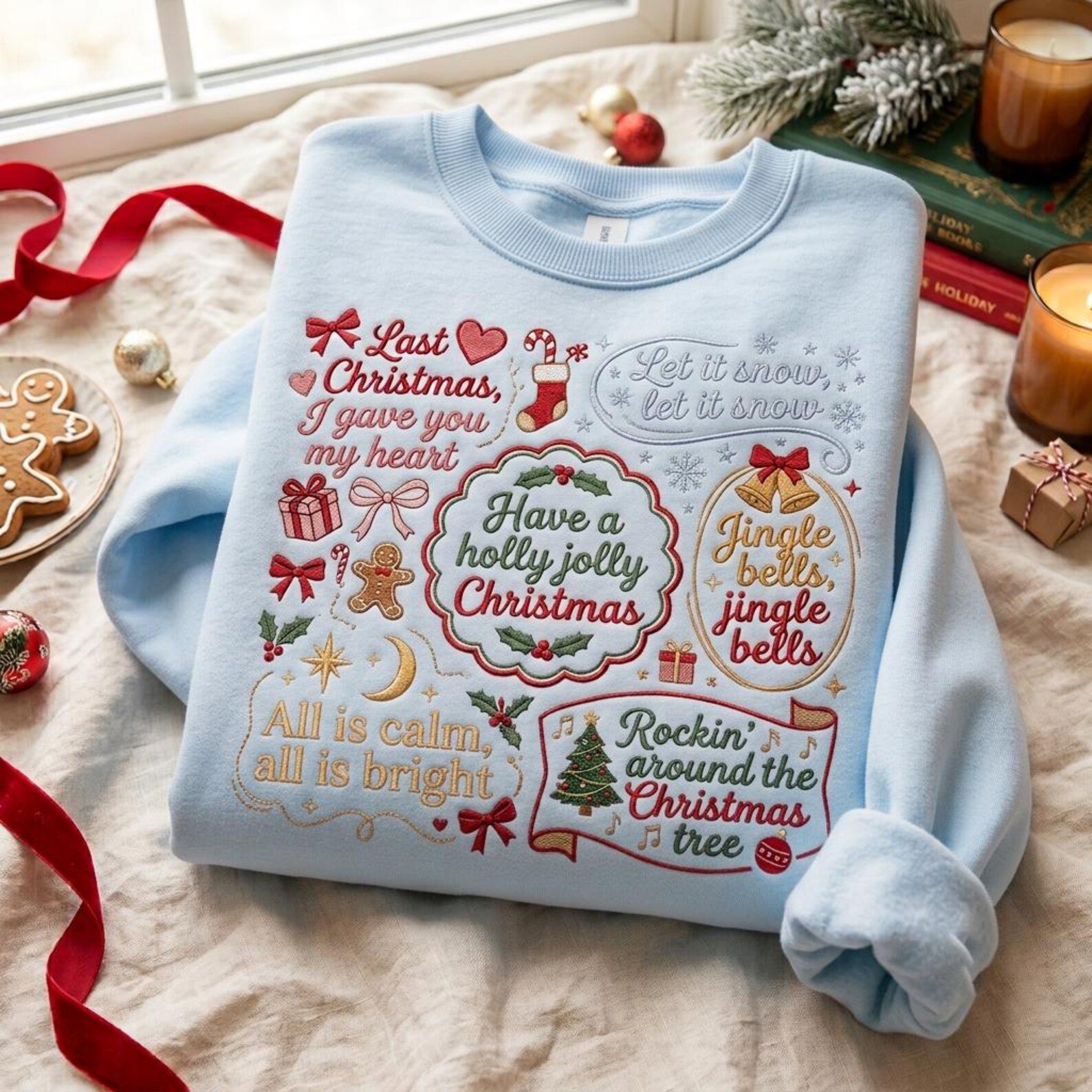 Holiday Song Lyrics Embroidered Sweatshirt, Christmas Music Collage Crewneck, Festive Retro Christmas Sweater Gift 2