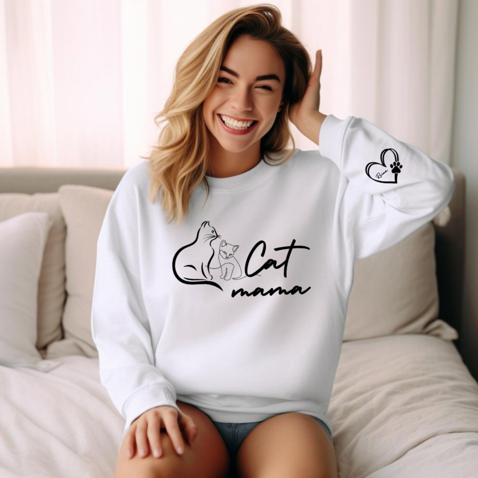 Custom Pet Name Cat Mama Sweatshirt, Personalized Sleeve Cat Mom Tee, Kitten Name Crewneck, Cat Lover Gift, Kitty Mama Shirt, Mothers Gift 1