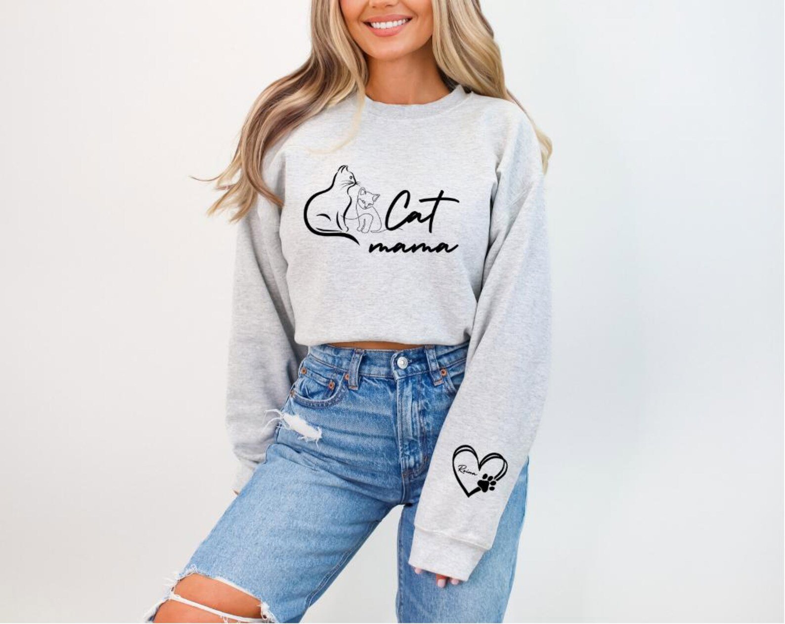 Custom Pet Name Cat Mama Sweatshirt, Personalized Sleeve Cat Mom Tee, Kitten Name Crewneck, Cat Lover Gift, Kitty Mama Shirt, Mothers Gift 4