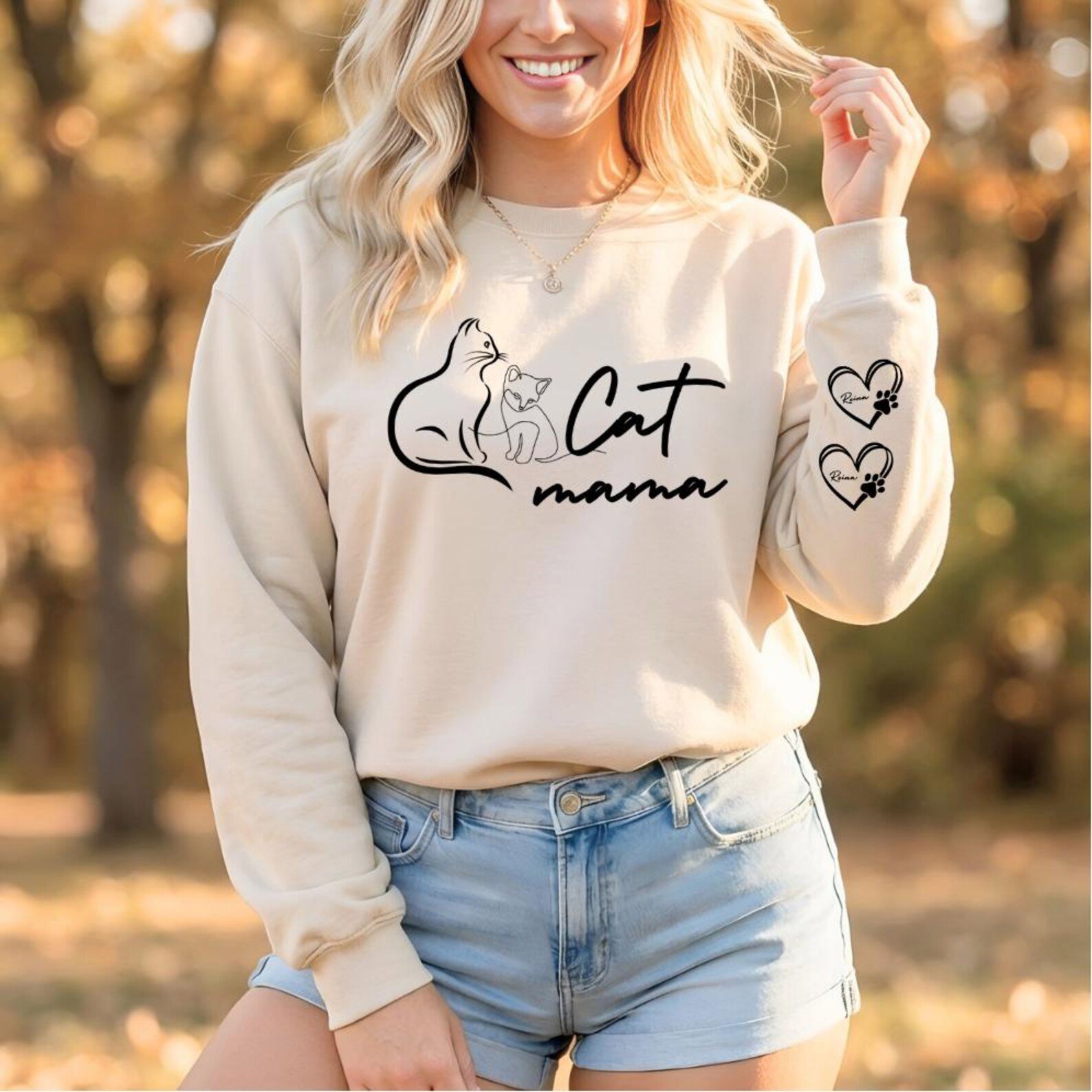 Custom Pet Name Cat Mama Sweatshirt, Personalized Sleeve Cat Mom Tee, Kitten Name Crewneck, Cat Lover Gift, Kitty Mama Shirt, Mothers Gift 6