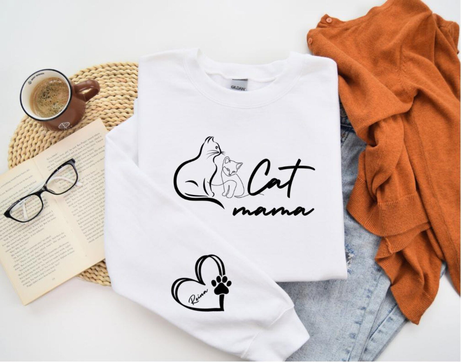 Custom Pet Name Cat Mama Sweatshirt, Personalized Sleeve Cat Mom Tee, Kitten Name Crewneck, Cat Lover Gift, Kitty Mama Shirt, Mothers Gift 8