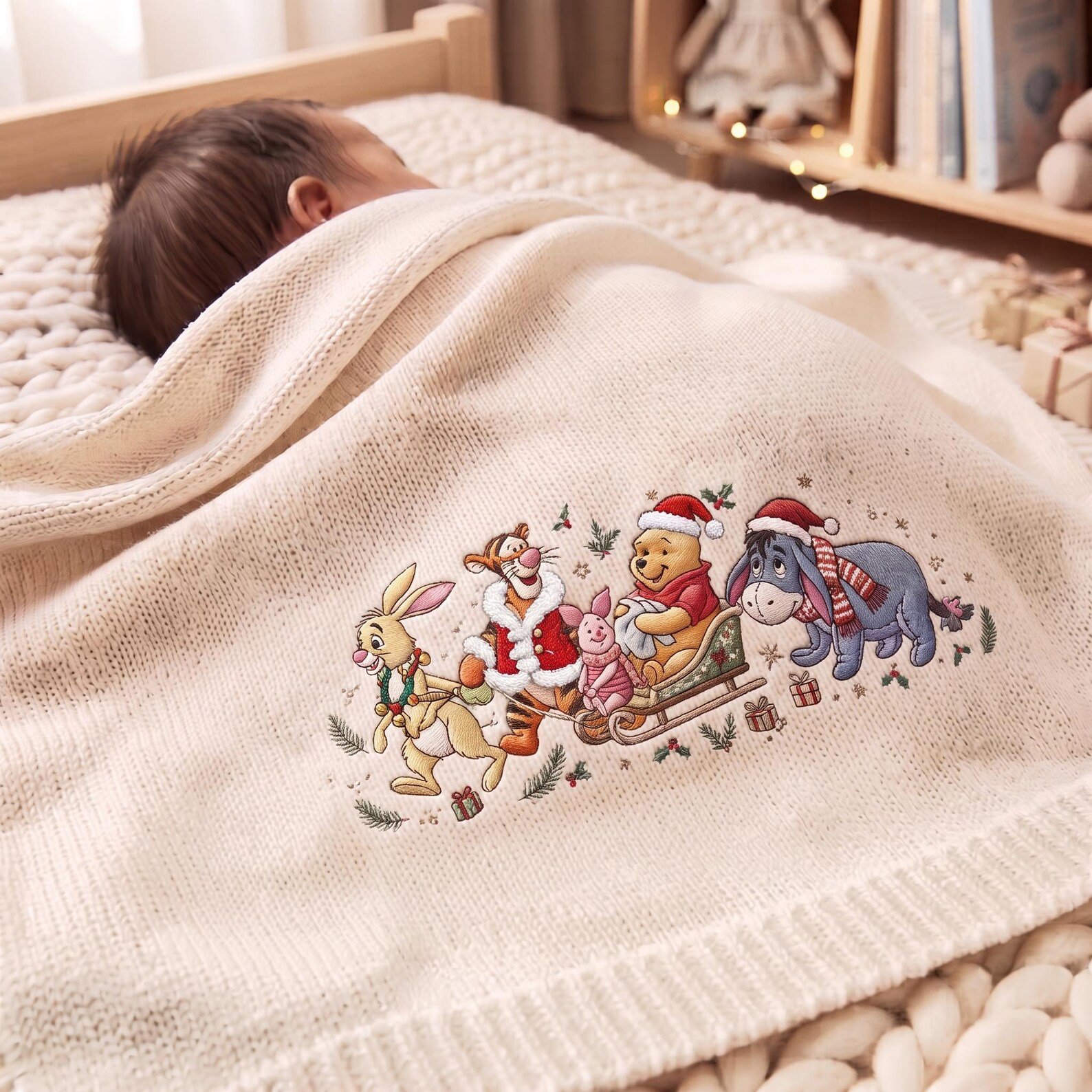 Winnie the Pooh Friends Christmas Embroidered Baby Blanket, Holiday Nursery Blanket, Baby First Christmas Gift 1