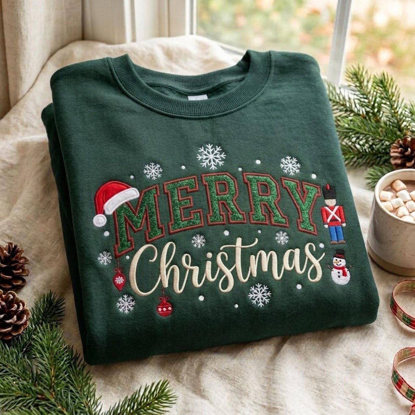 Merry Christmas Embroidered Sweatshirt, Festive Holiday Crewneck, Snowflake Snowman Christmas Sweater, Cozy Xmas Gift 1