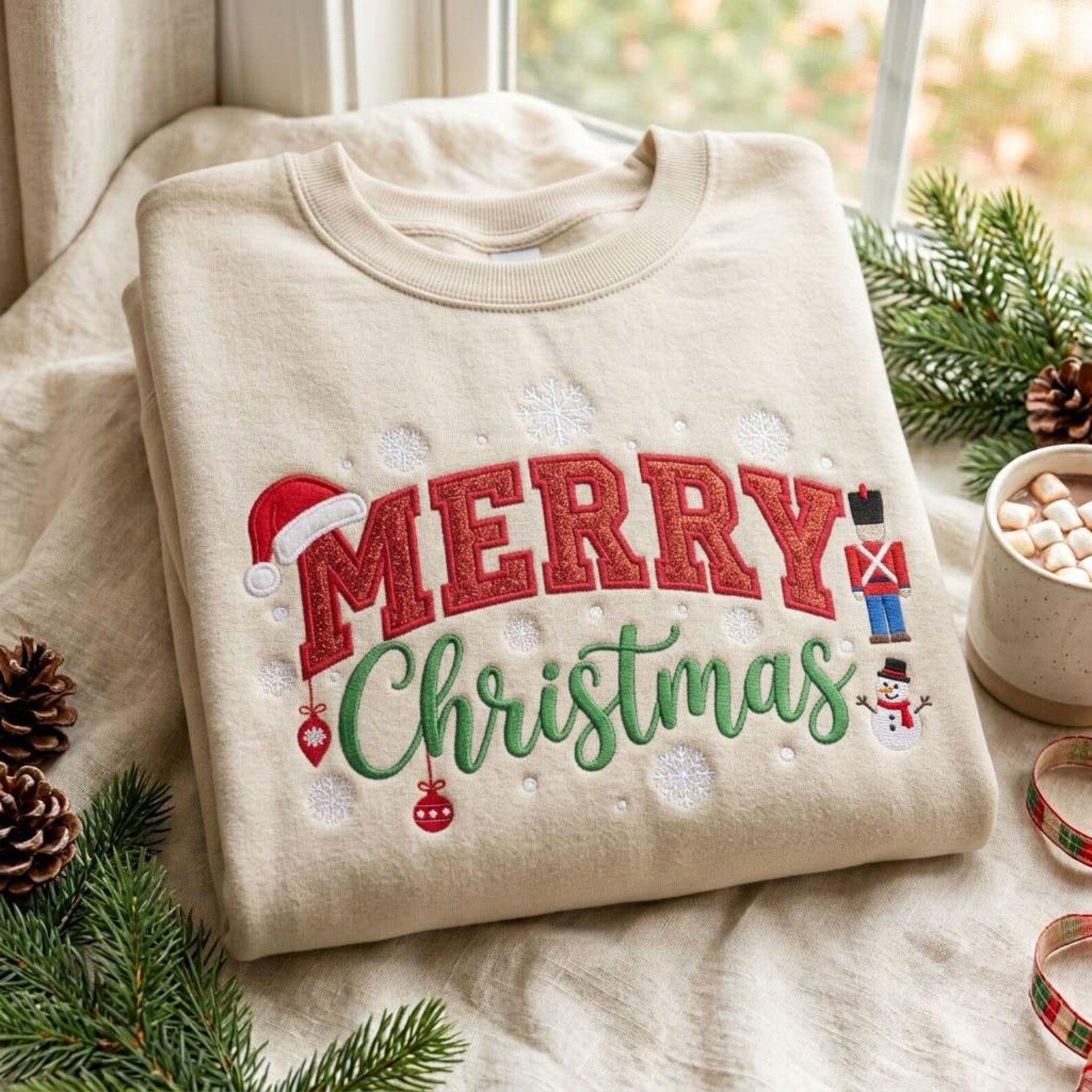 Merry Christmas Embroidered Sweatshirt, Festive Holiday Crewneck, Snowflake Snowman Christmas Sweater, Cozy Xmas Gift 2