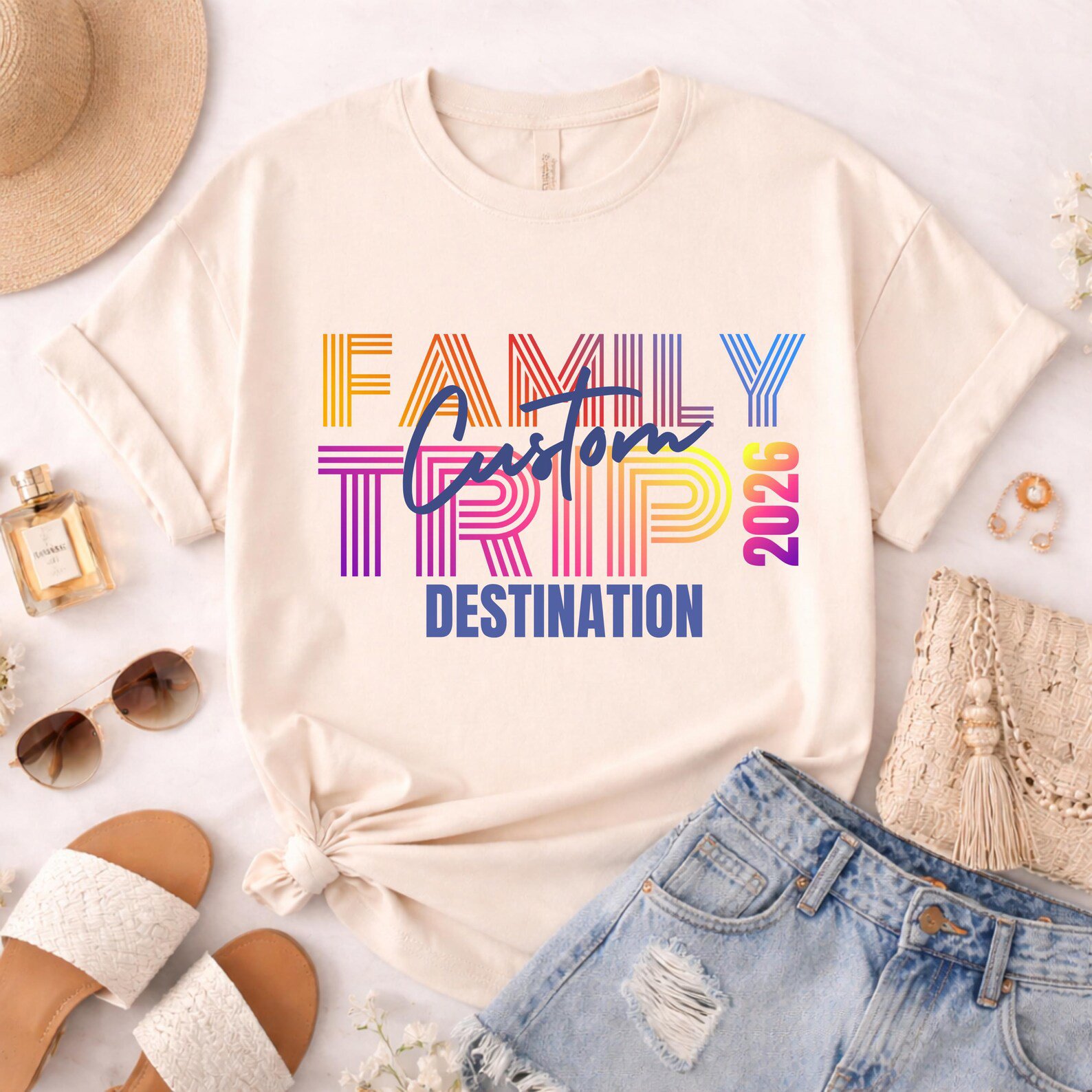 Custom Text and Destination Matching Family Vacation Shirts | Personalized Retro 2026 Trip T-Shirt 2