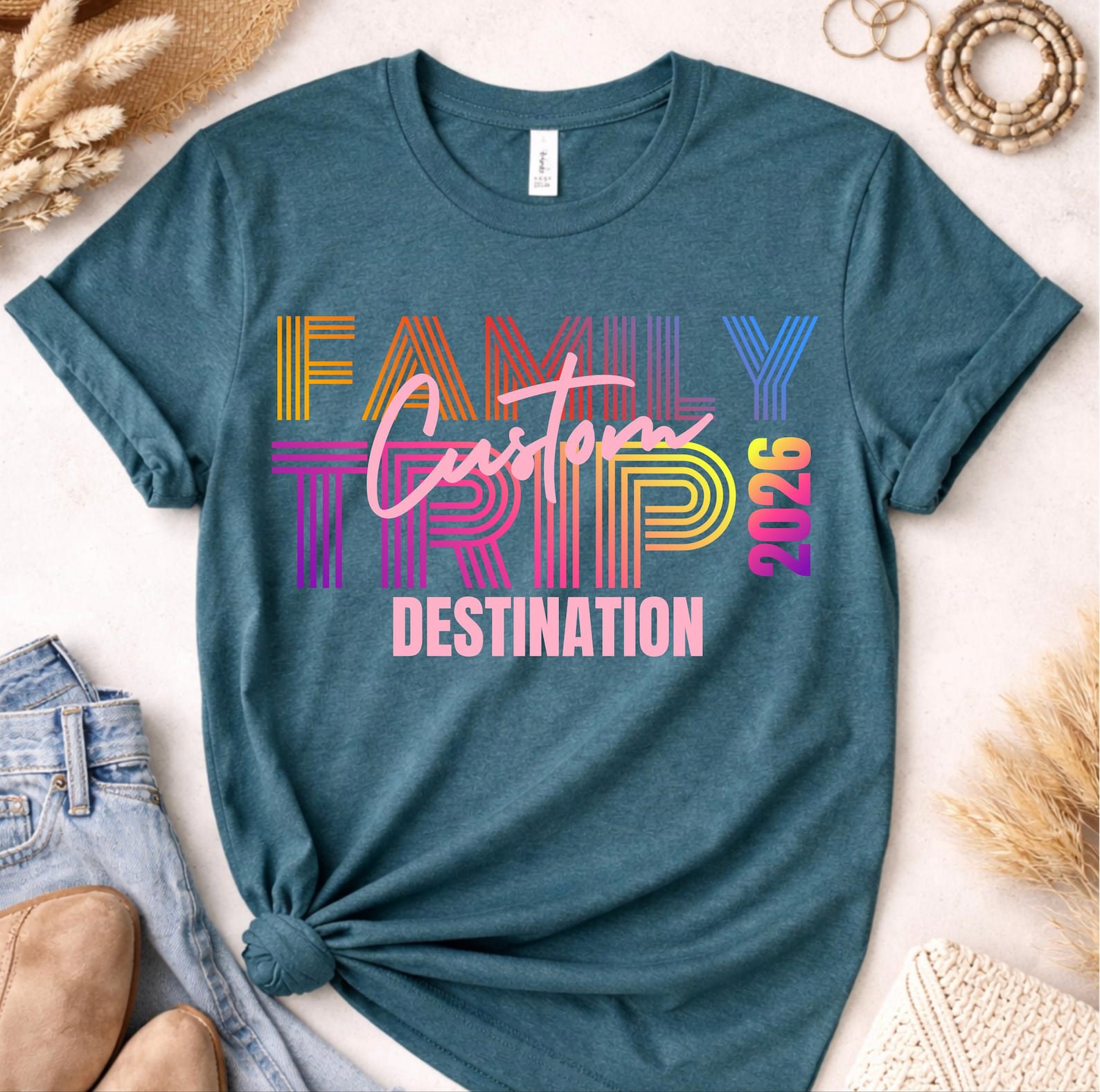Custom Text and Destination Matching Family Vacation Shirts | Personalized Retro 2026 Trip T-Shirt 9