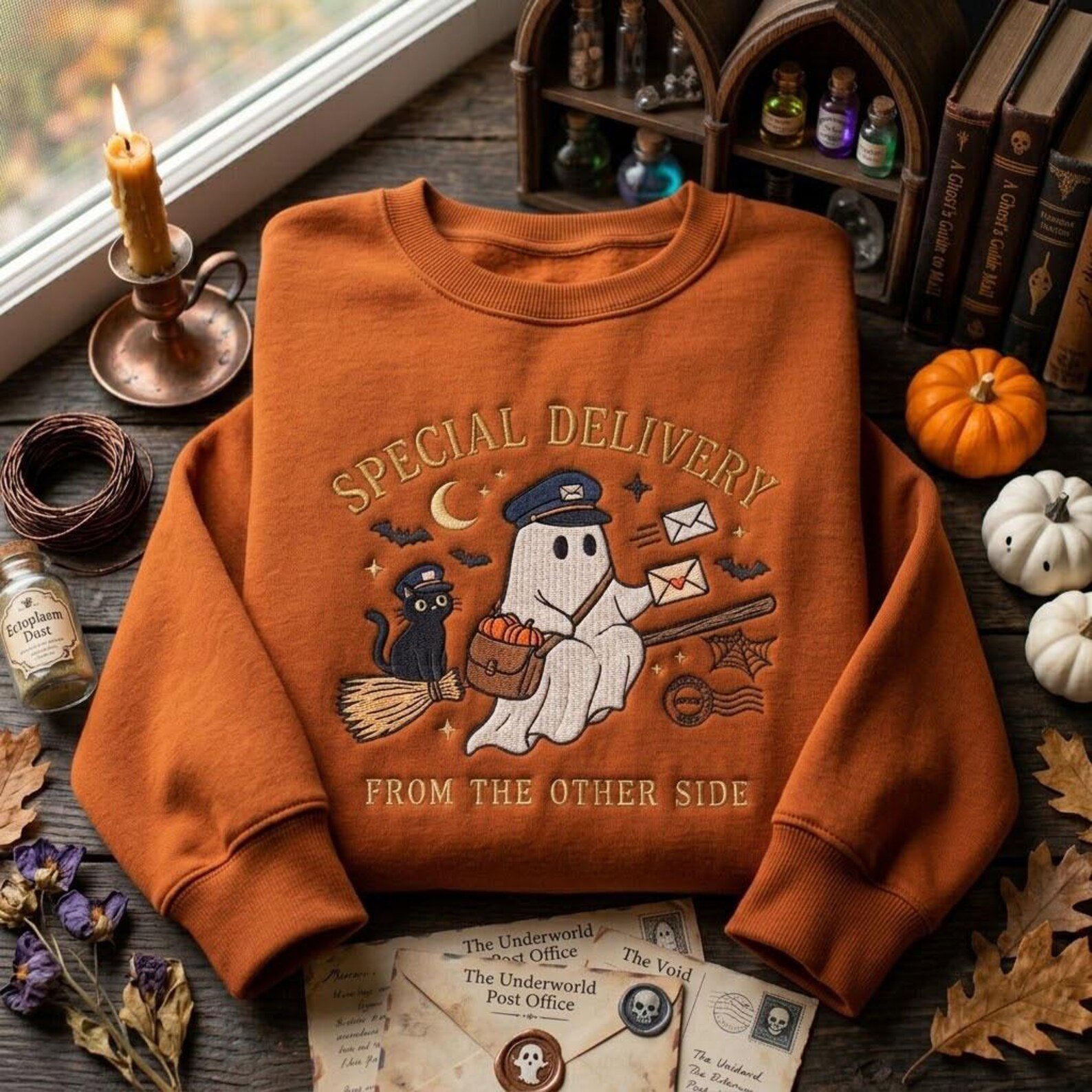 Halloween Ghost Embroidered Sweatshirt, Special Delivery Postal Crewneck, Spooky Mailman Shirt, Cozy Fall Pullover, October Gift Idea 1