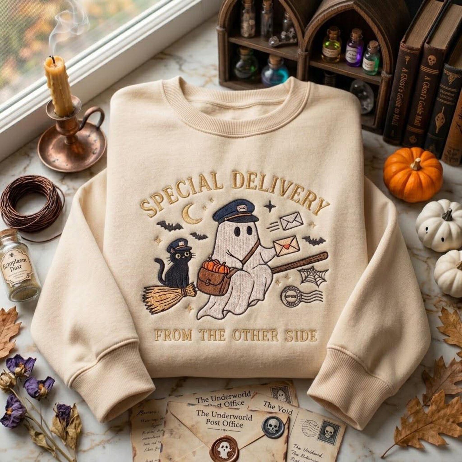 Halloween Ghost Embroidered Sweatshirt, Special Delivery Postal Crewneck, Spooky Mailman Shirt, Cozy Fall Pullover, October Gift Idea 2