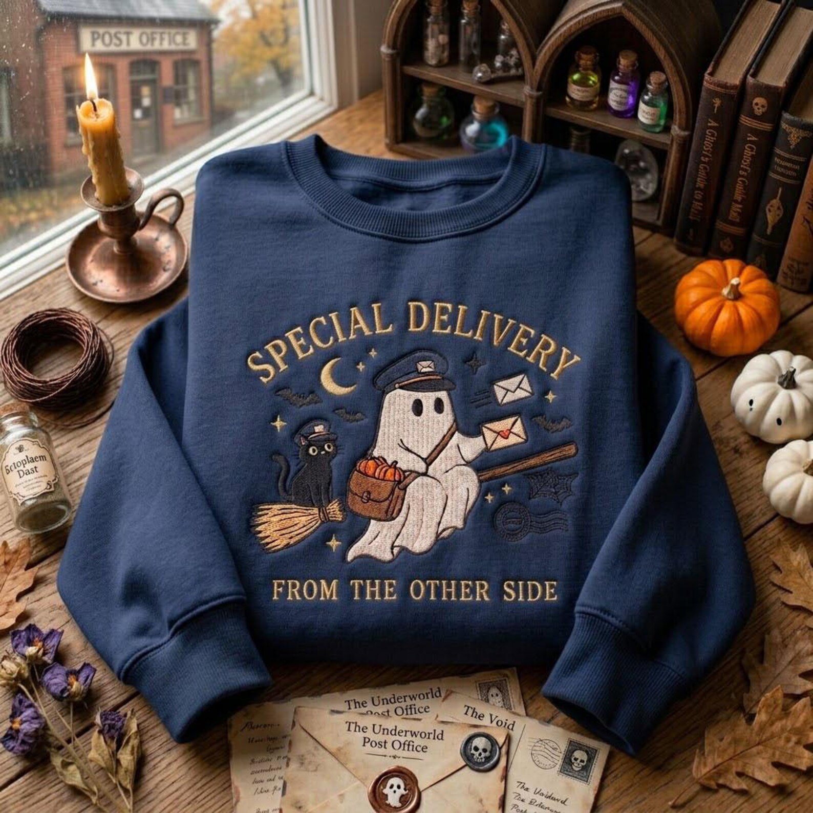 Halloween Ghost Embroidered Sweatshirt, Special Delivery Postal Crewneck, Spooky Mailman Shirt, Cozy Fall Pullover, October Gift Idea 5