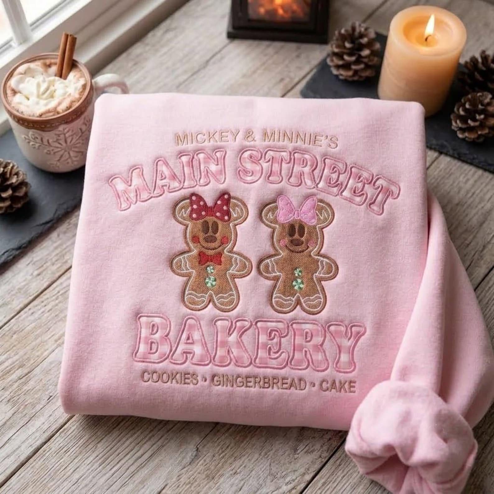 Main Street Bakery Applique Sweatshirt, Gingerbread Mouse Couple Christmas Crewneck, Cute Holiday Bakery Sweater 1
