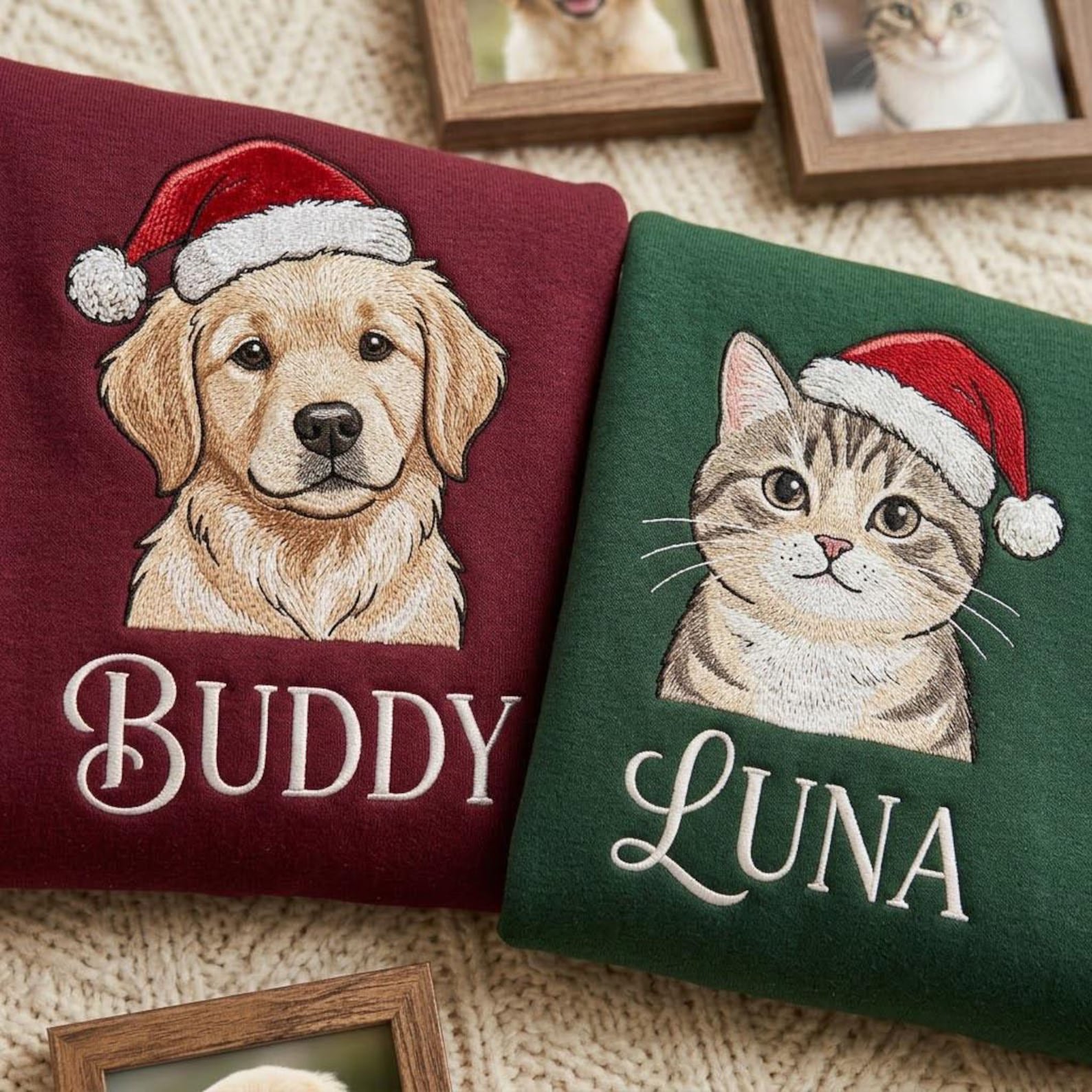 Personalized Dog Portrait Embroidered Sweatshirt, Custom Pet Christmas Crewneck, Santa Hat Dog Sweater, Pet Lover Holiday Gift 1