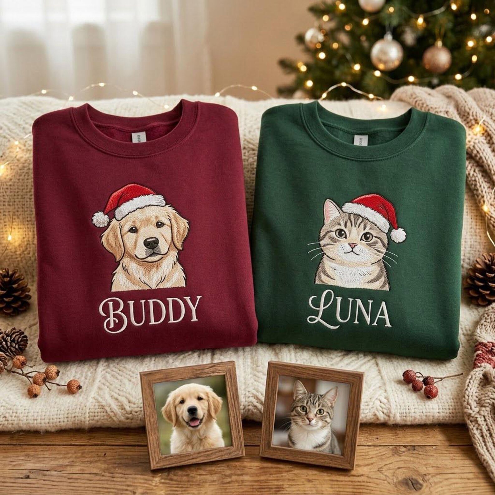 Personalized Dog Portrait Embroidered Sweatshirt, Custom Pet Christmas Crewneck, Santa Hat Dog Sweater, Pet Lover Holiday Gift 3