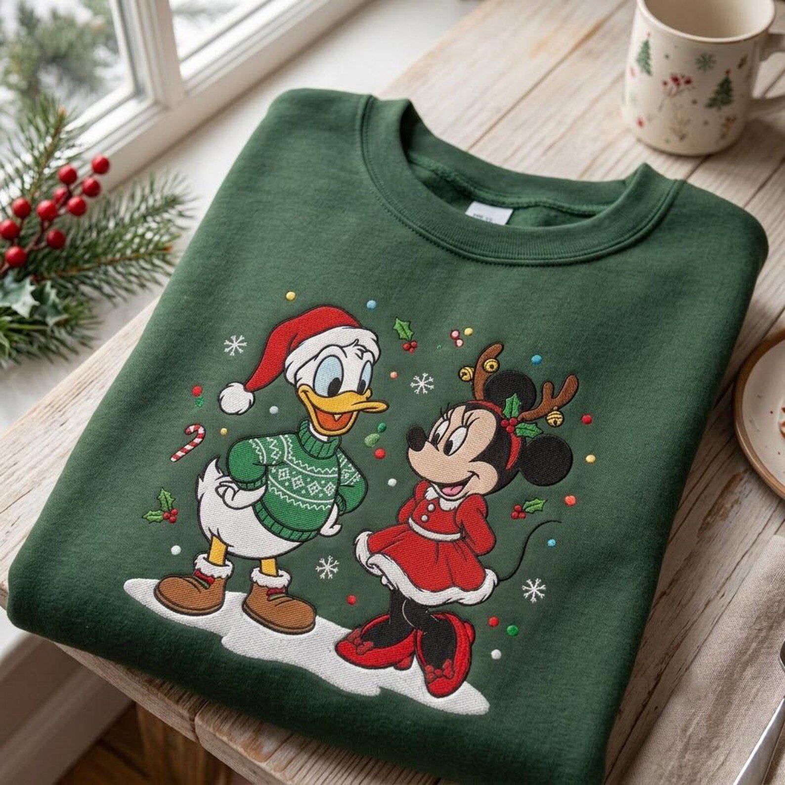 Cute Christmas Characters Embroidered Sweatshirt, Festive Duck and Mouse Holiday Crewneck, Cozy Winter Christmas Gift 2