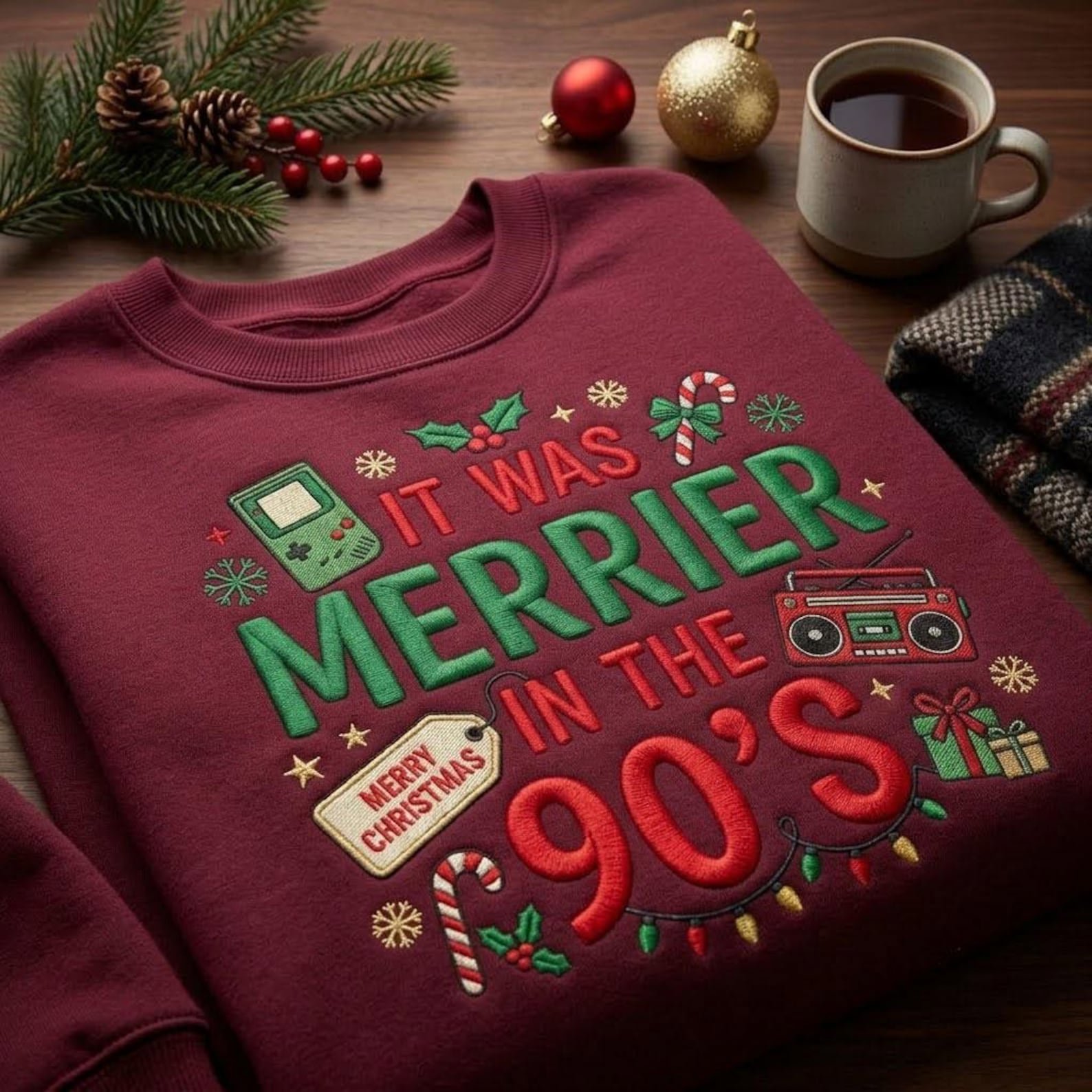 It Was Merrier in the 90s Embroidered Sweatshirt, Retro 90s Christmas Crewneck, Nostalgic Holiday Sweater, Christmas Gift 1