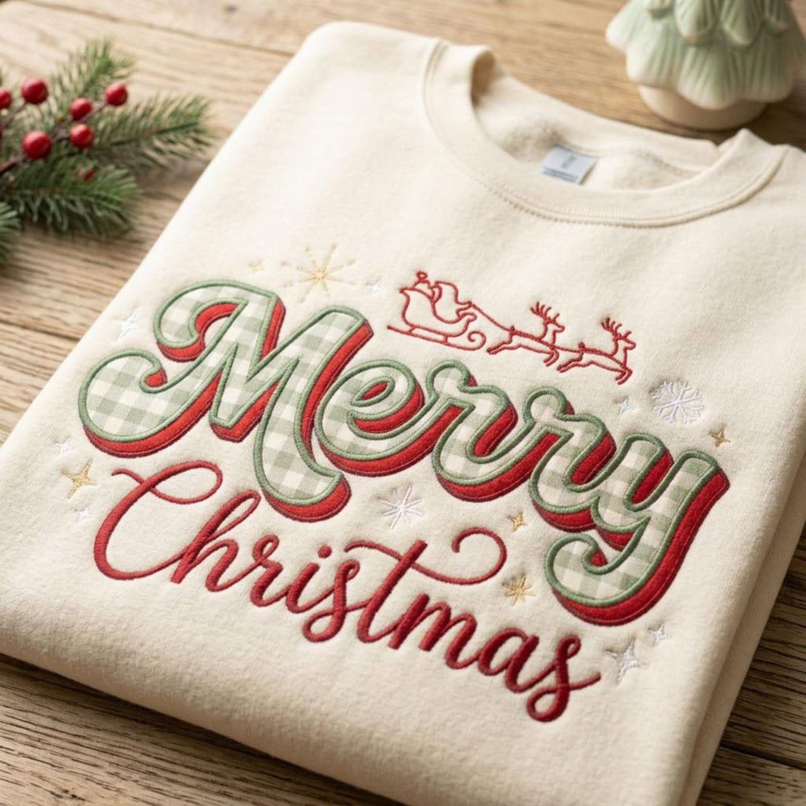 Merry Christmas Gingham Applique Sweatshirt, Embroidered Christmas Crewneck, Retro Holiday Santa Sleigh Sweater 1