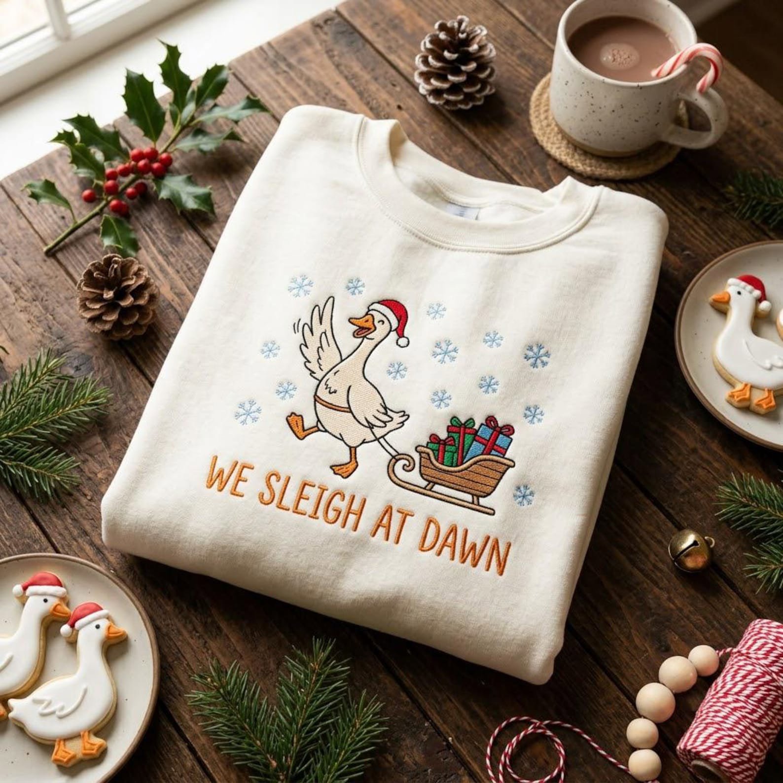 We Sleigh at Dawn Embroidered Sweatshirt, Funny Christmas Goose Crewneck, Holiday Goose Sweater, Cute Goose Christmas Gift 1