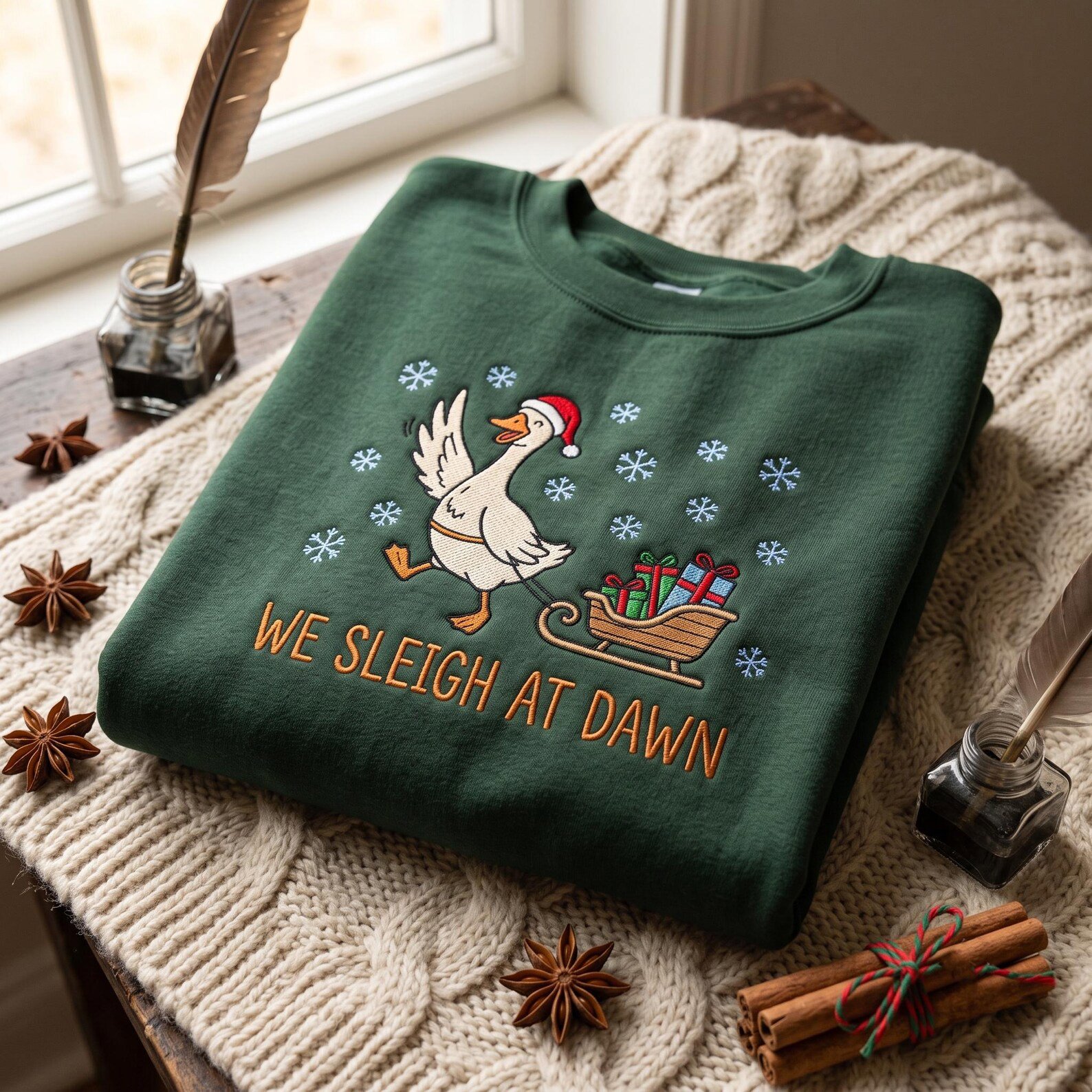 We Sleigh at Dawn Embroidered Sweatshirt, Funny Christmas Goose Crewneck, Holiday Goose Sweater, Cute Goose Christmas Gift 3