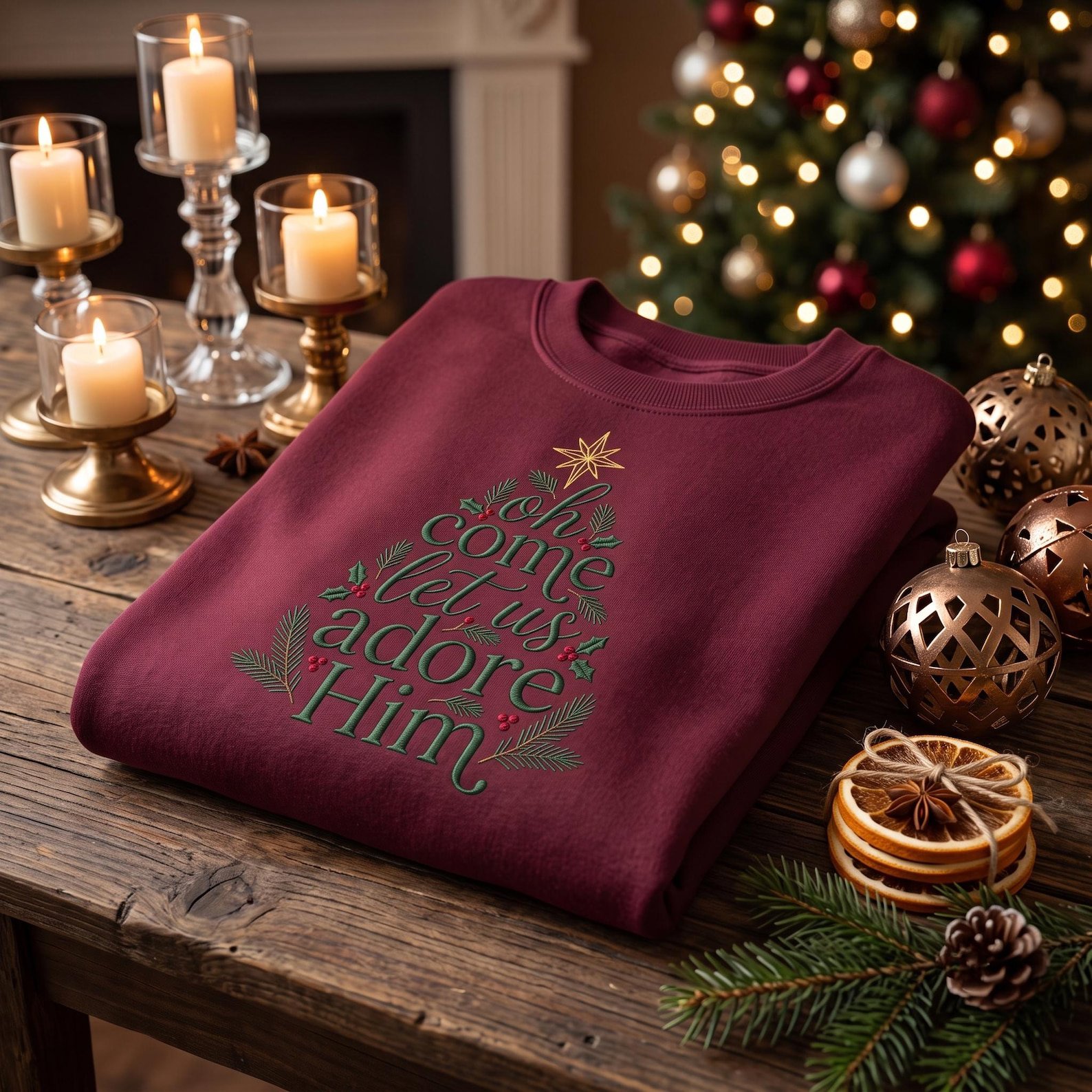 Oh Come Let Us Adore Him Embroidered Sweatshirt, Christian Christmas Crewneck, Nativity Faith Holiday Shirt, Jesus Christmas Gift 1