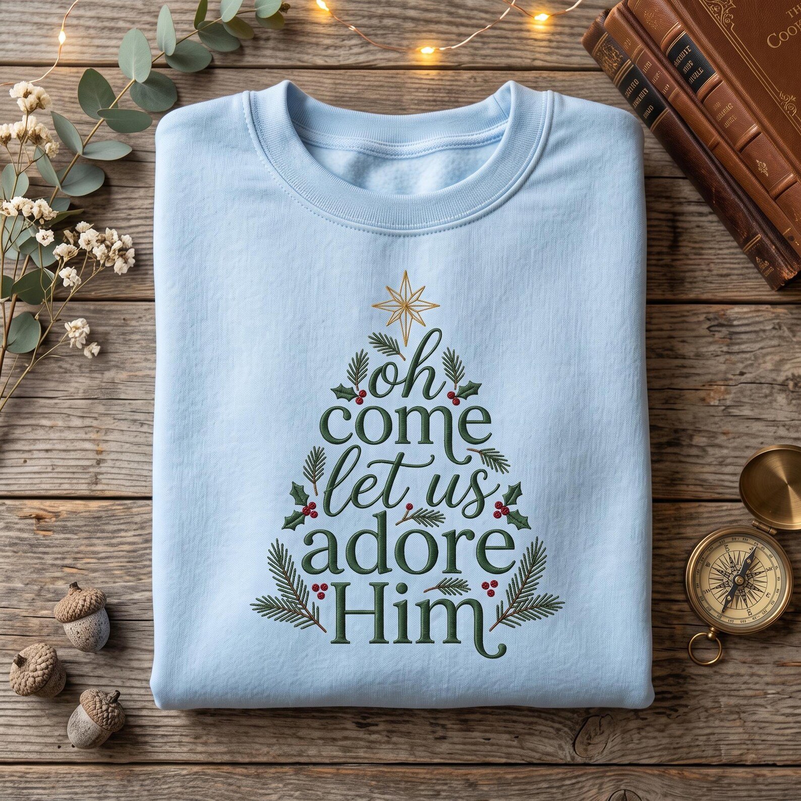 Oh Come Let Us Adore Him Embroidered Sweatshirt, Christian Christmas Crewneck, Nativity Faith Holiday Shirt, Jesus Christmas Gift 3