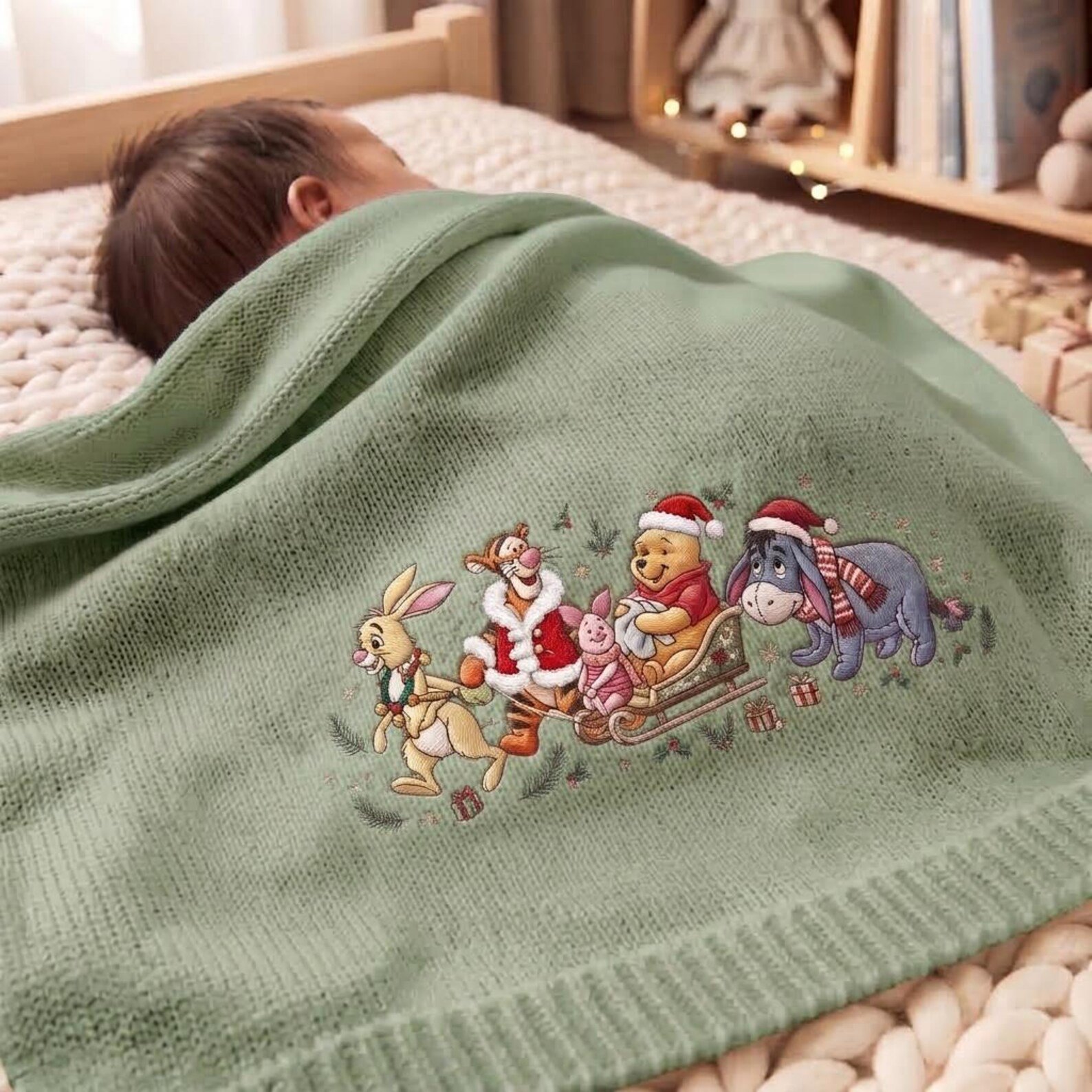 Winnie the Pooh Christmas Baby Blanket, Pooh Friends Holiday Embroidered Blanket, Baby’s First Christmas Gift 1