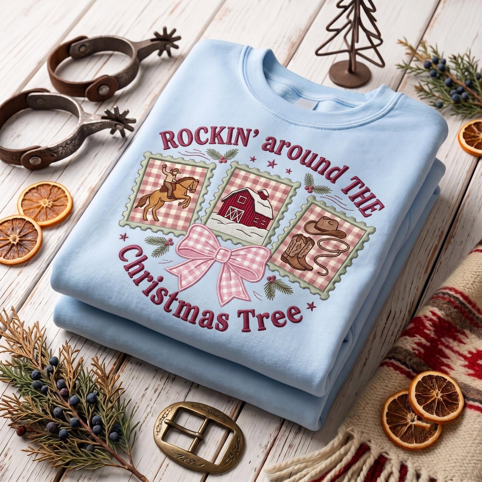 Western Christmas Embroidered Sweatshirt, Rockin’ Around the Christmas Tree Cowboy Crewneck, Rodeo Holiday Shirt, Cowgirl Gift 1