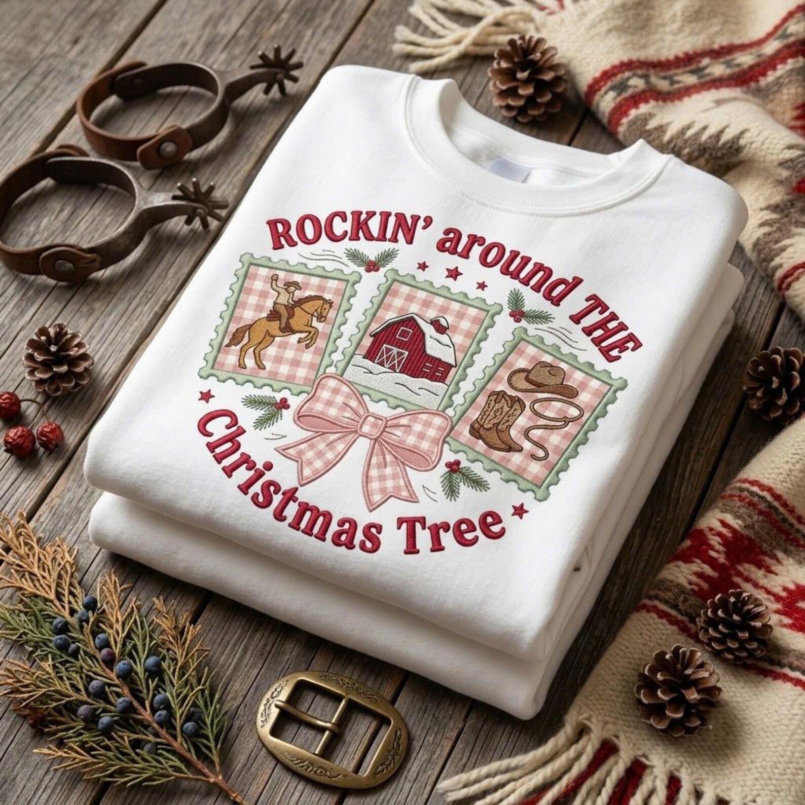 Western Christmas Embroidered Sweatshirt, Rockin’ Around the Christmas Tree Cowboy Crewneck, Rodeo Holiday Shirt, Cowgirl Gift 3