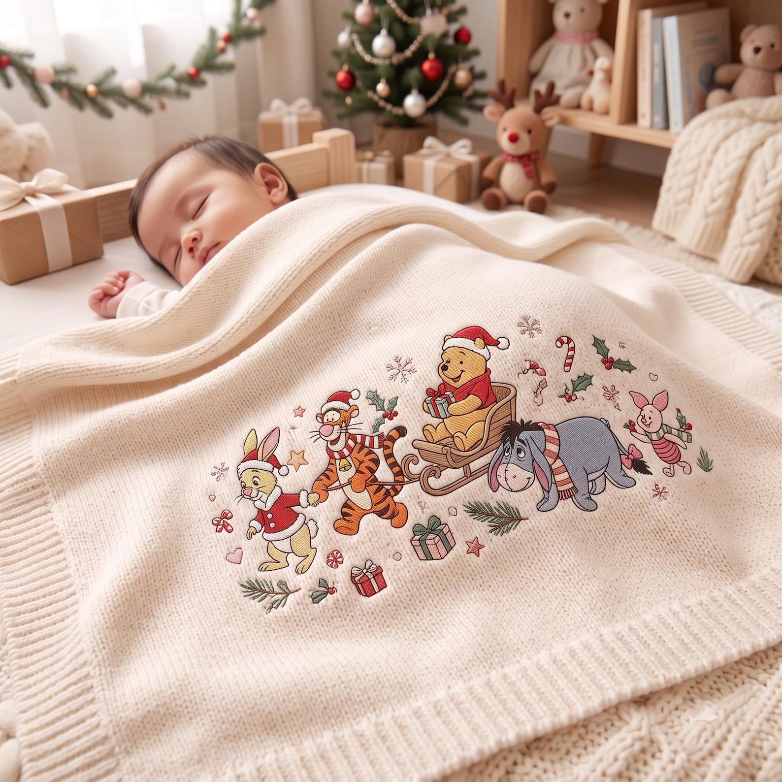 Pooh Baby Blanket, Embroidered Winnie the Pooh Nursery Blanket, Christmas Baby Gift, Pooh and Friends Newborn Keepsake 2