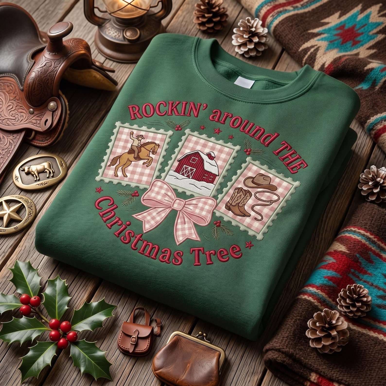 Western Christmas Embroidered Sweatshirt, Rockin’ Around the Christmas Tree Cowboy Crewneck, Rodeo Holiday Shirt, Cowgirl Gift 4