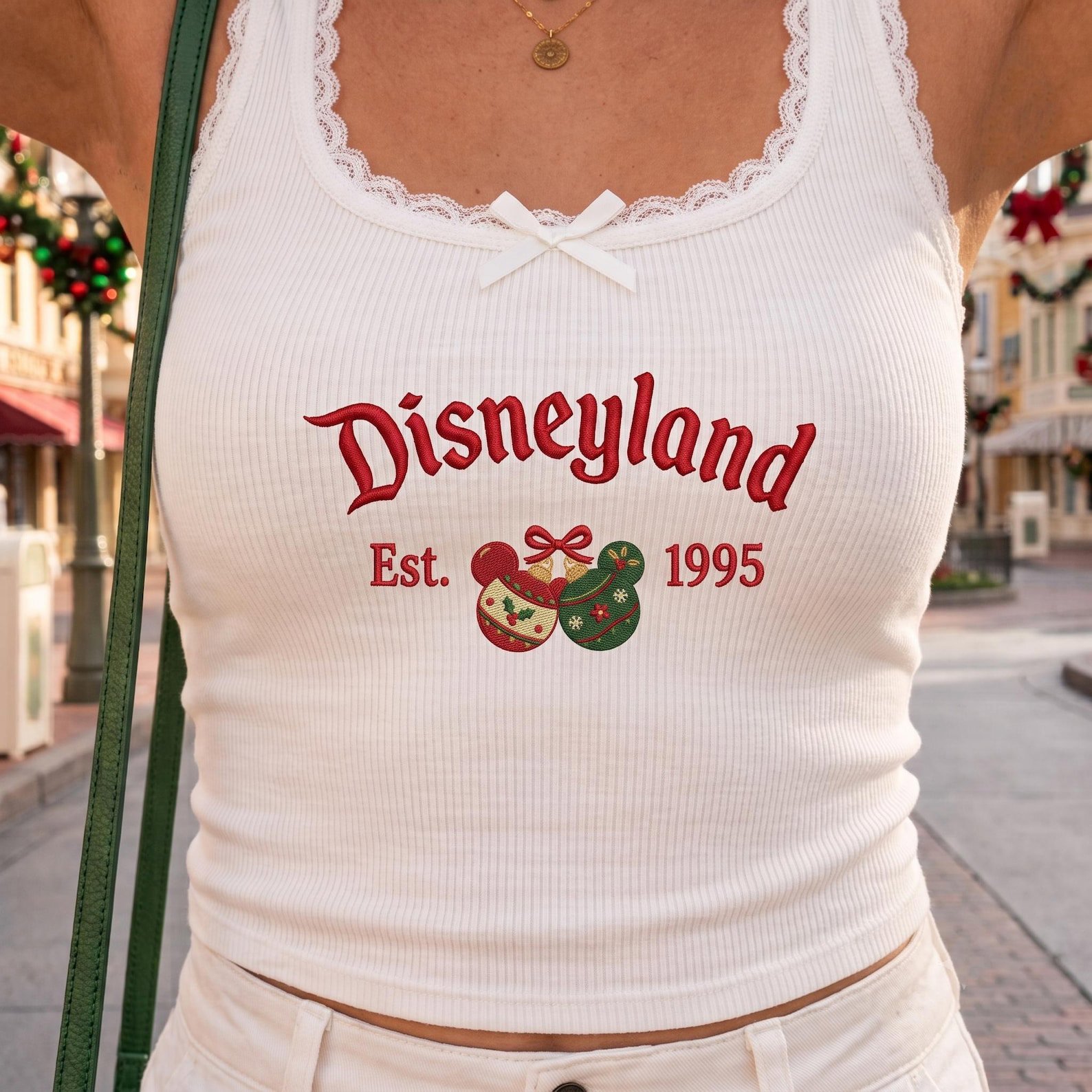 Disneyland Christmas Spaghetti Lace Top, Embroidered Holiday Tank Top, Festive Theme Park Shirt, Christmas Vacation Outfit 1