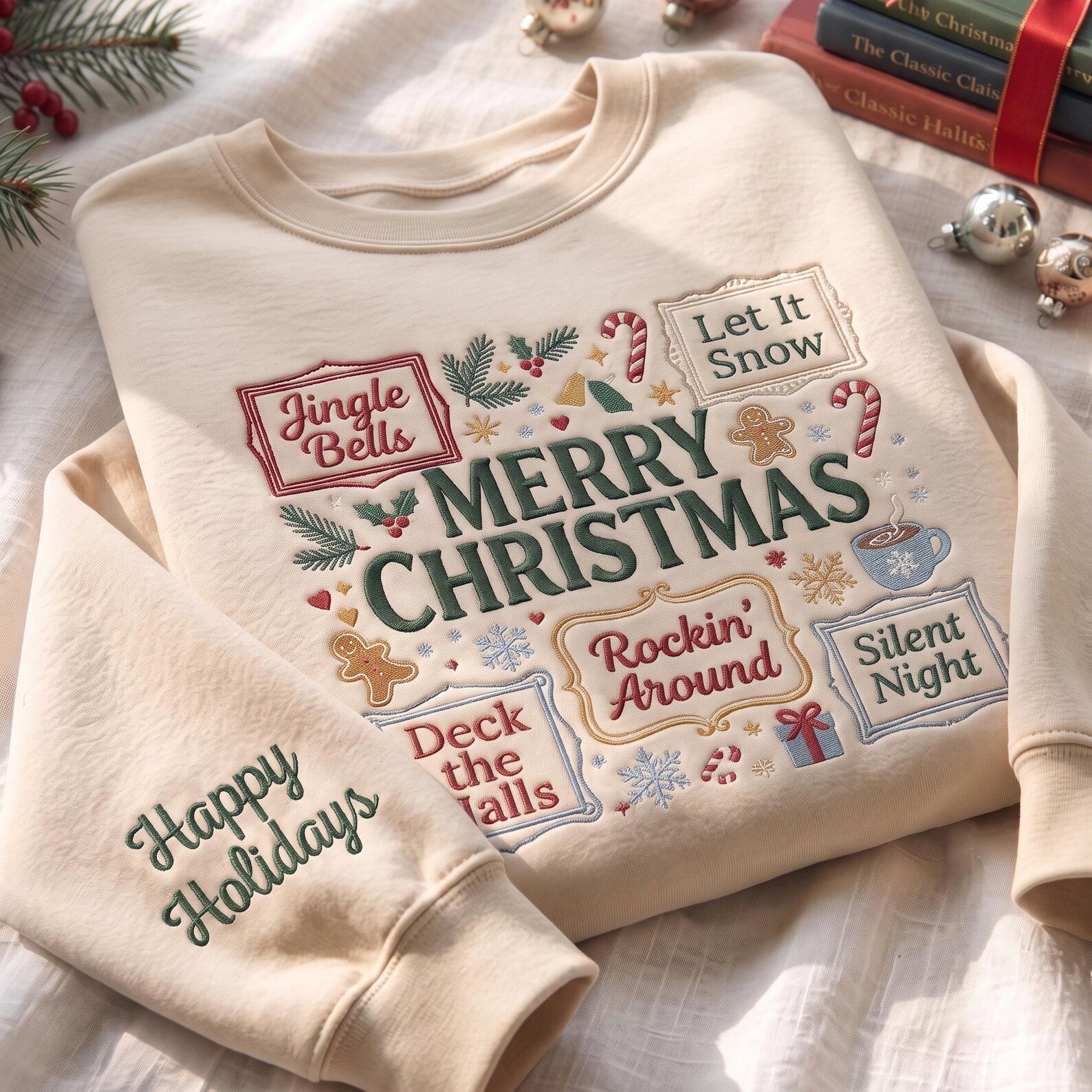 Merry Christmas Embroidered Sweatshirt, Christmas Song Holiday Crewneck, Festive Retro Christmas Collage Sweater 2