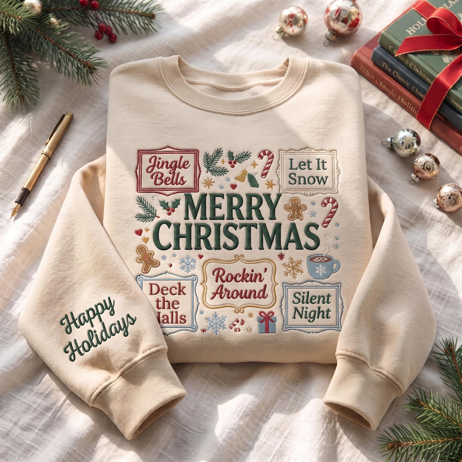 Merry Christmas Embroidered Sweatshirt, Christmas Song Holiday Crewneck, Festive Retro Christmas Collage Sweater 1