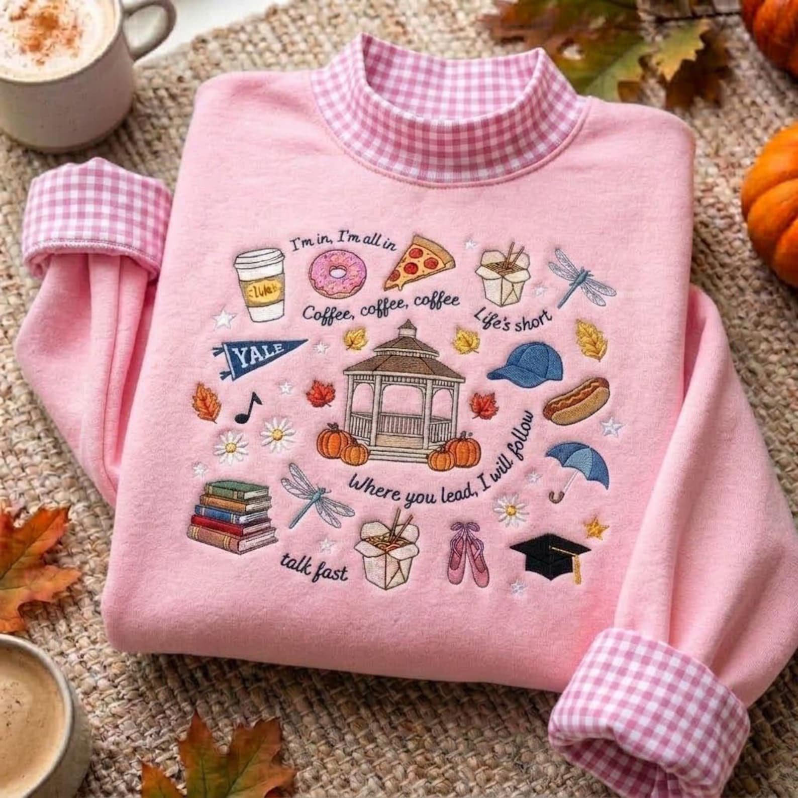 Gingham Mock Neck Sweatshirt, Stars Hollow Embroidered Fall Pullover, Coffee Book Lover Crewneck, Cozy TV Fan Gift 2