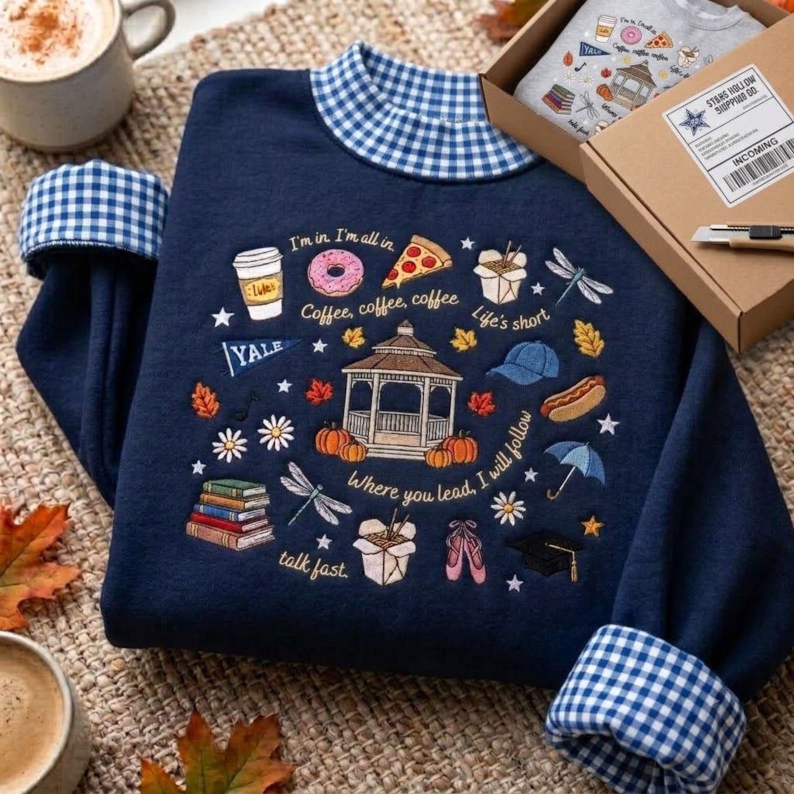 Gingham Mock Neck Sweatshirt, Stars Hollow Embroidered Fall Pullover, Coffee Book Lover Crewneck, Cozy TV Fan Gift 1