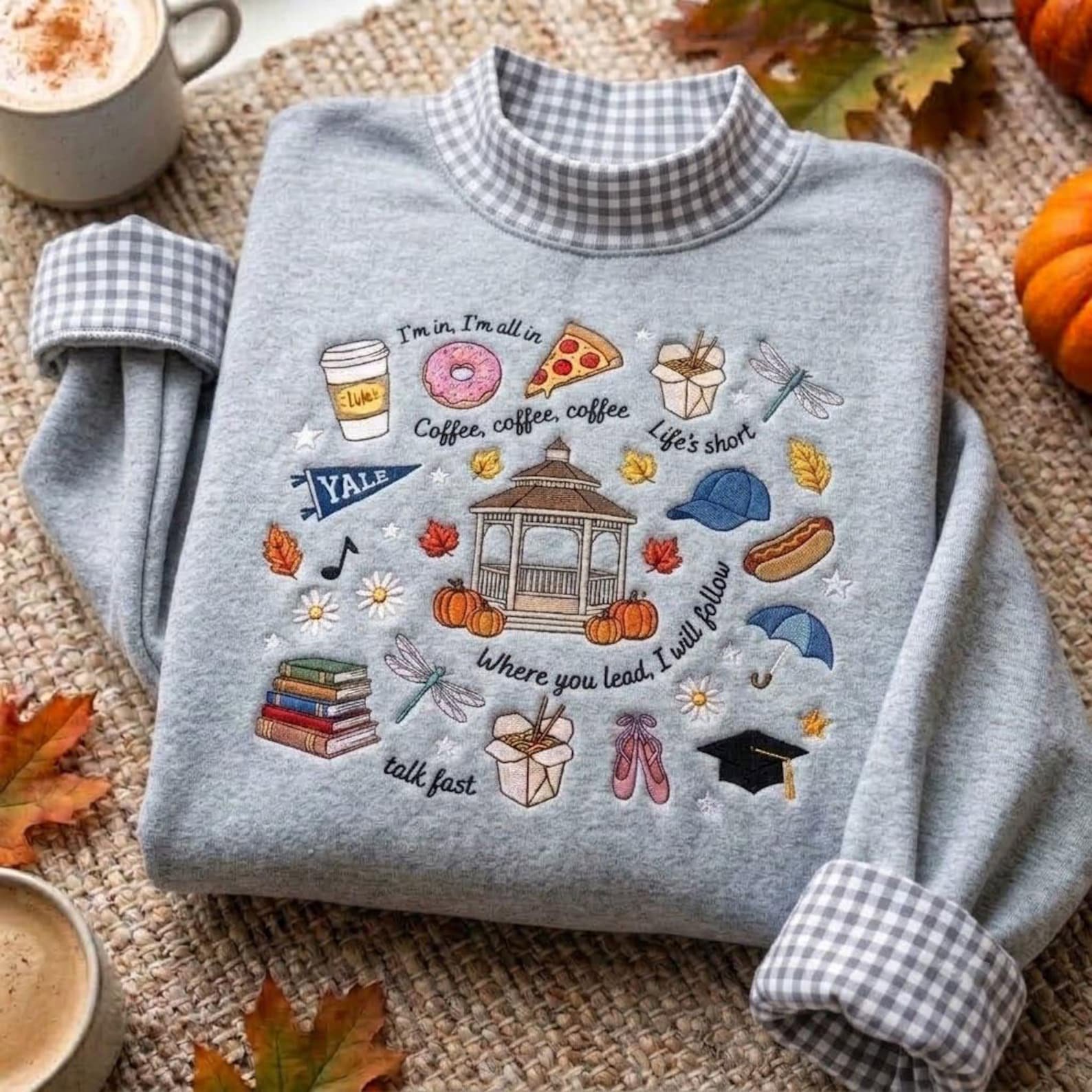 Gingham Mock Neck Sweatshirt, Stars Hollow Embroidered Fall Pullover, Coffee Book Lover Crewneck, Cozy TV Fan Gift 3