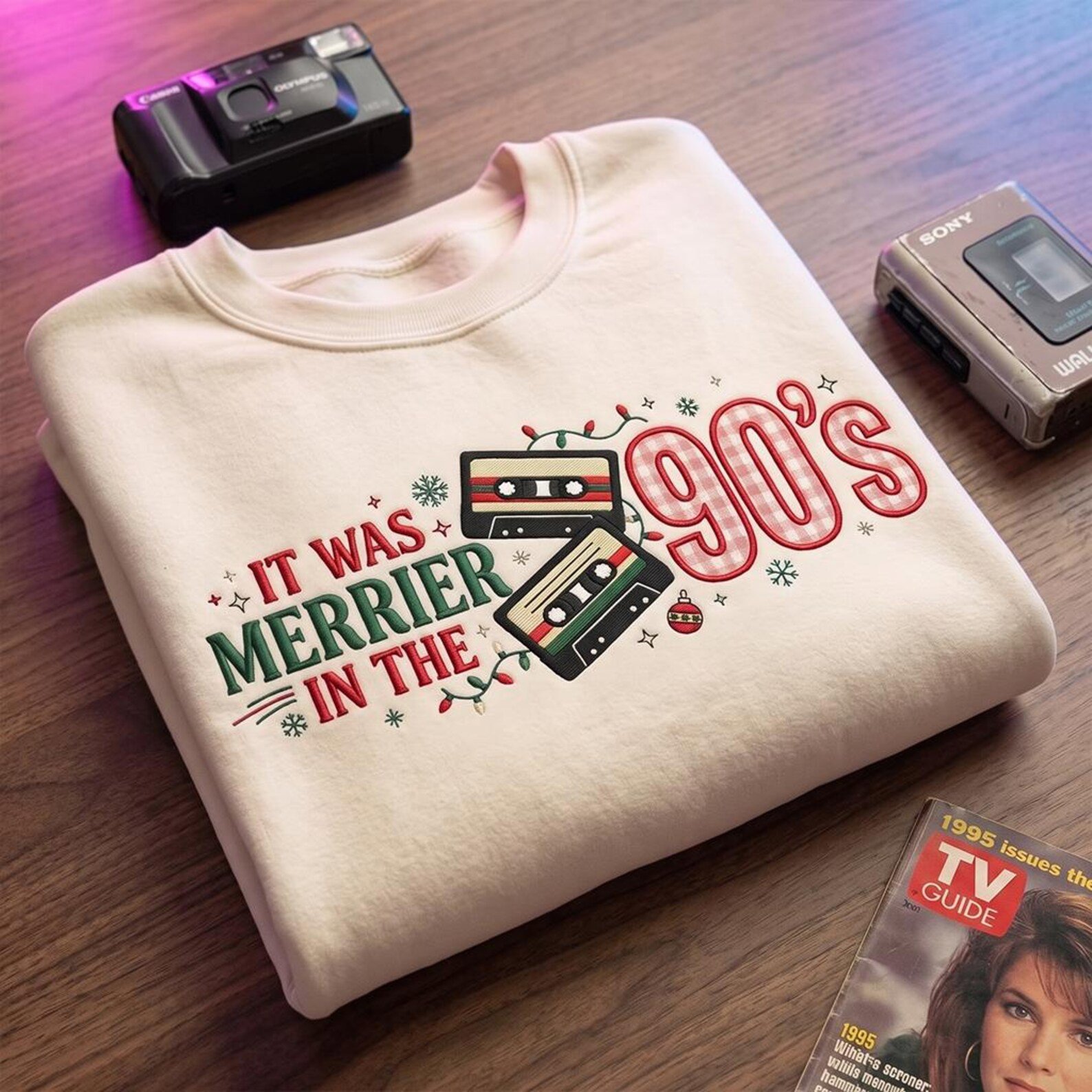 It Was Merrier in the 90s Embroidered Sweatshirt, Retro Christmas Cassette Crewneck, 90s Nostalgia Holiday Sweater 2