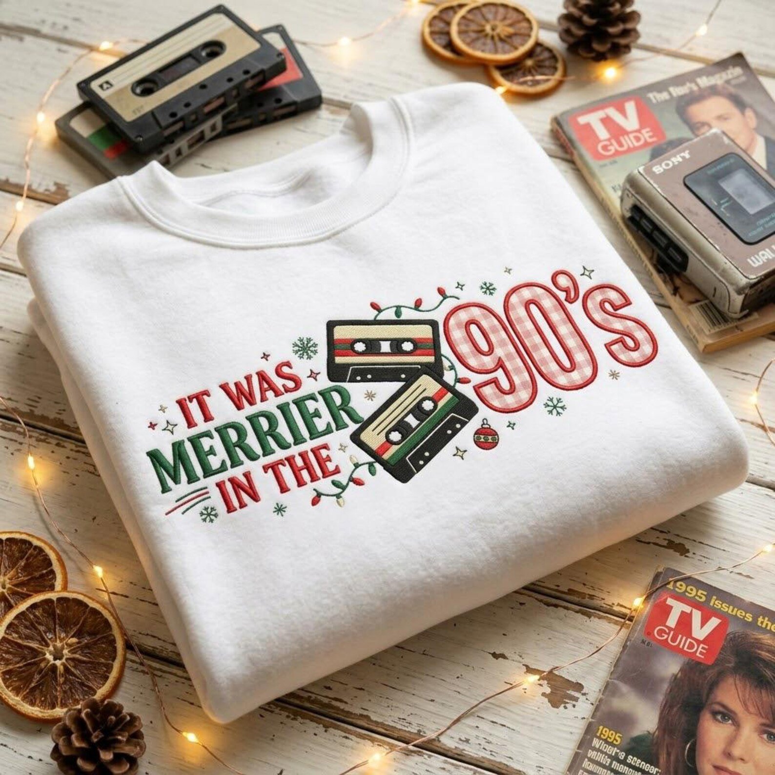 It Was Merrier in the 90s Embroidered Sweatshirt, Retro Christmas Cassette Crewneck, 90s Nostalgia Holiday Sweater 3