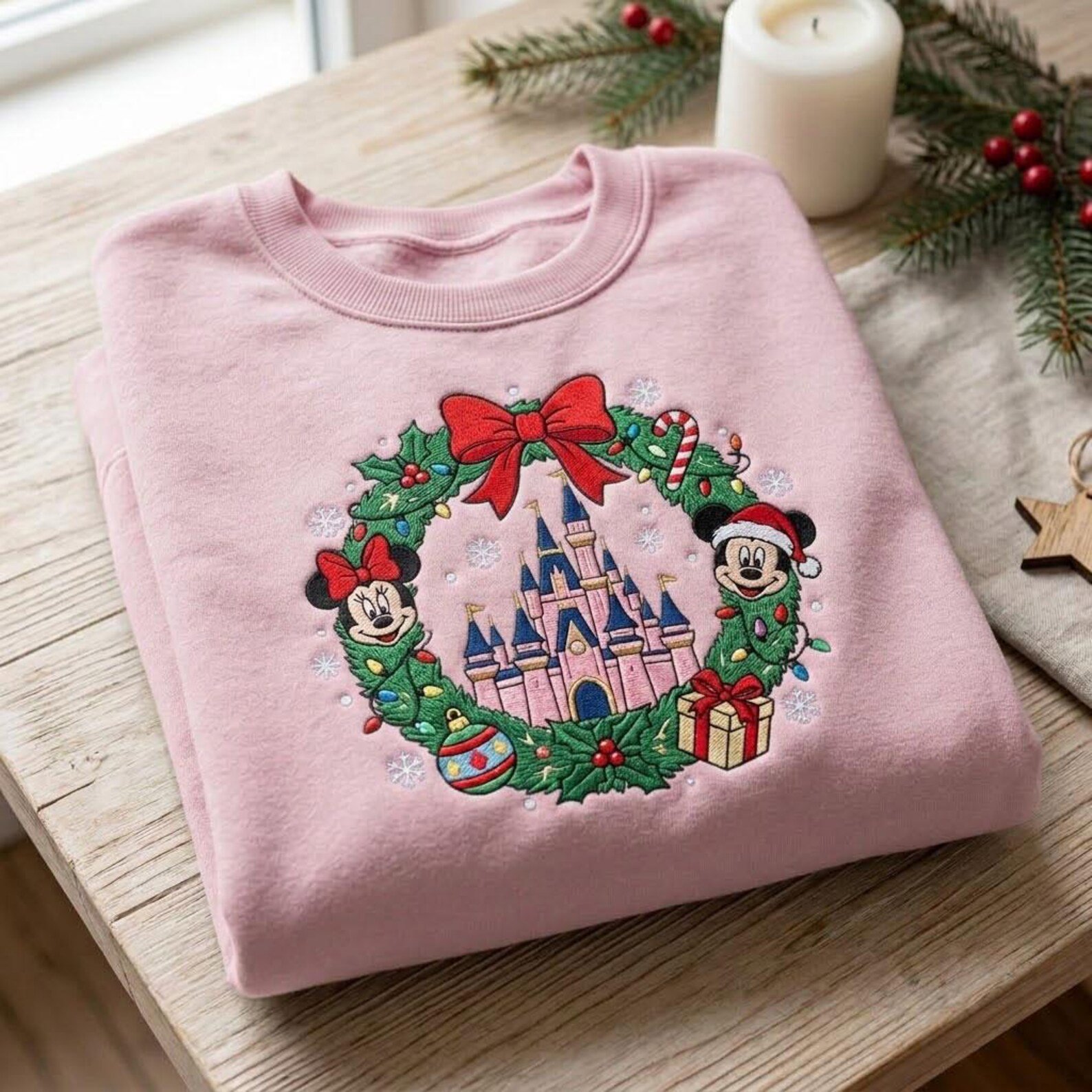 Magical Christmas Castle Embroidered Sweatshirt, Festive Holiday Wreath Crewneck, Theme Park Christmas Vacation Gift 3