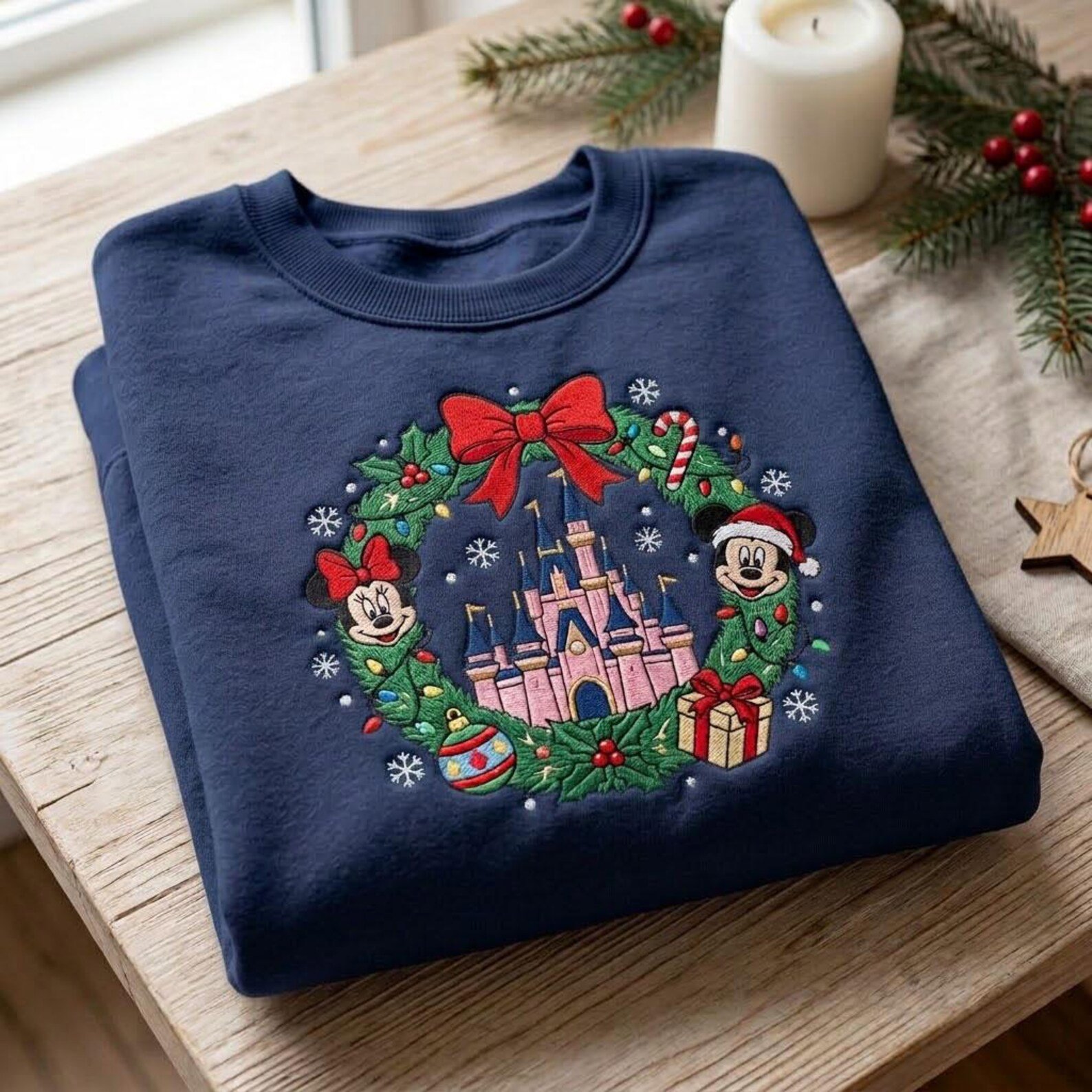 Magical Christmas Castle Embroidered Sweatshirt, Festive Holiday Wreath Crewneck, Theme Park Christmas Vacation Gift 1